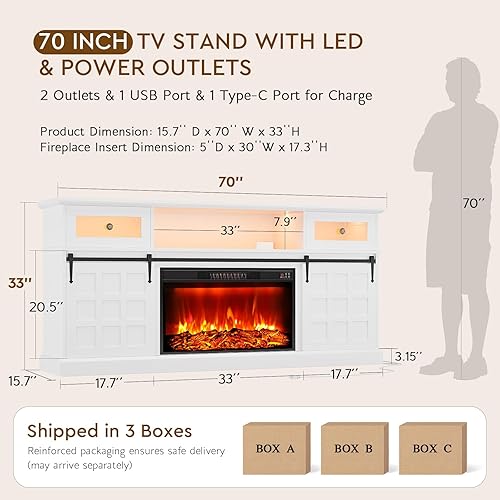 Vista 2 de LGHM Soporte de TV con chimenea para televisores de 80 pulgadas con luces LED y tomas de corriente, consola multimedia rústica con puertas Blanco