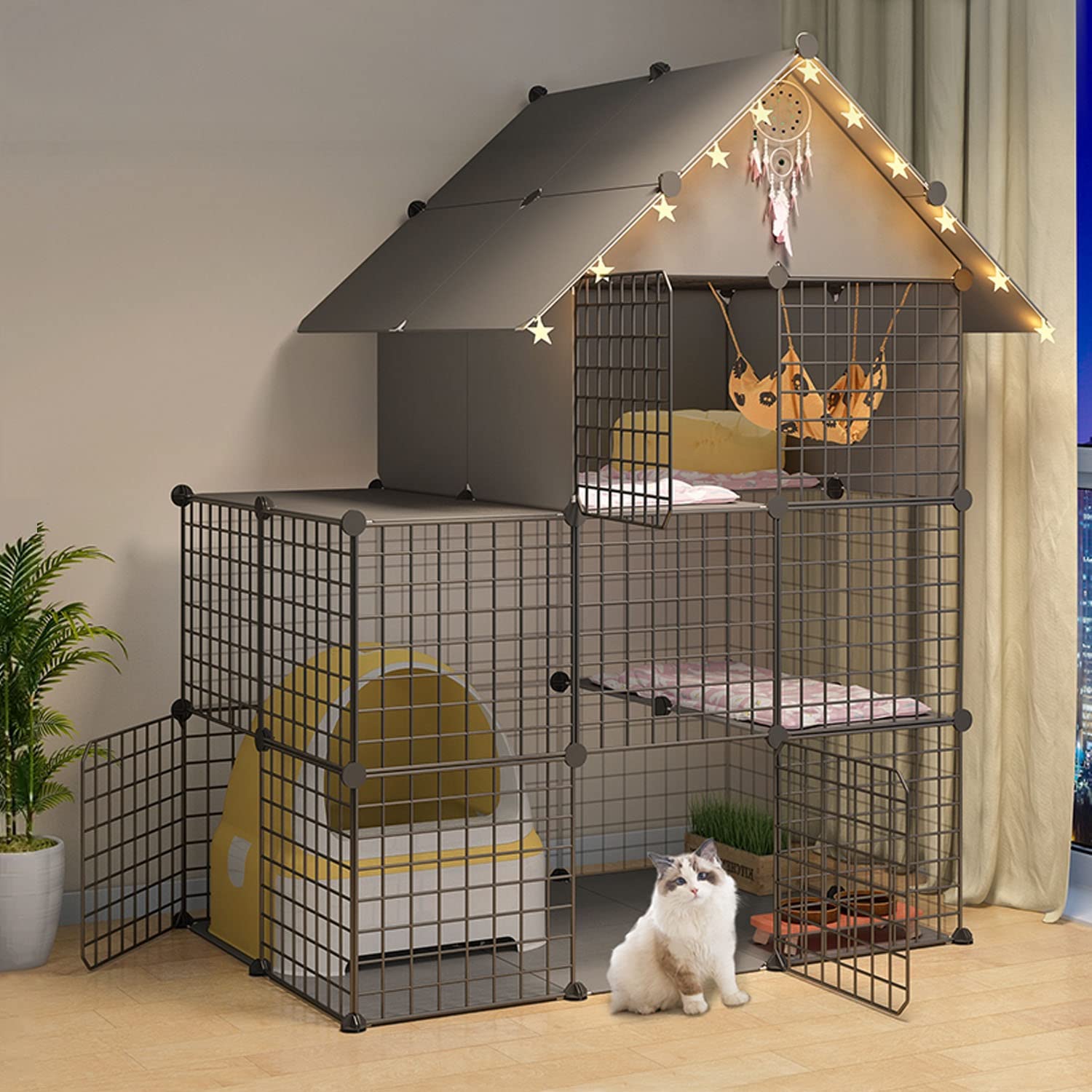 Jaula grande para gatos, parque de juegos para gatos de interior para hacer uno mismo, jaula para gatos, jaula transportadora para gatos, para 1-3 gatos, con escalera + hamaca para gatos + nido p
