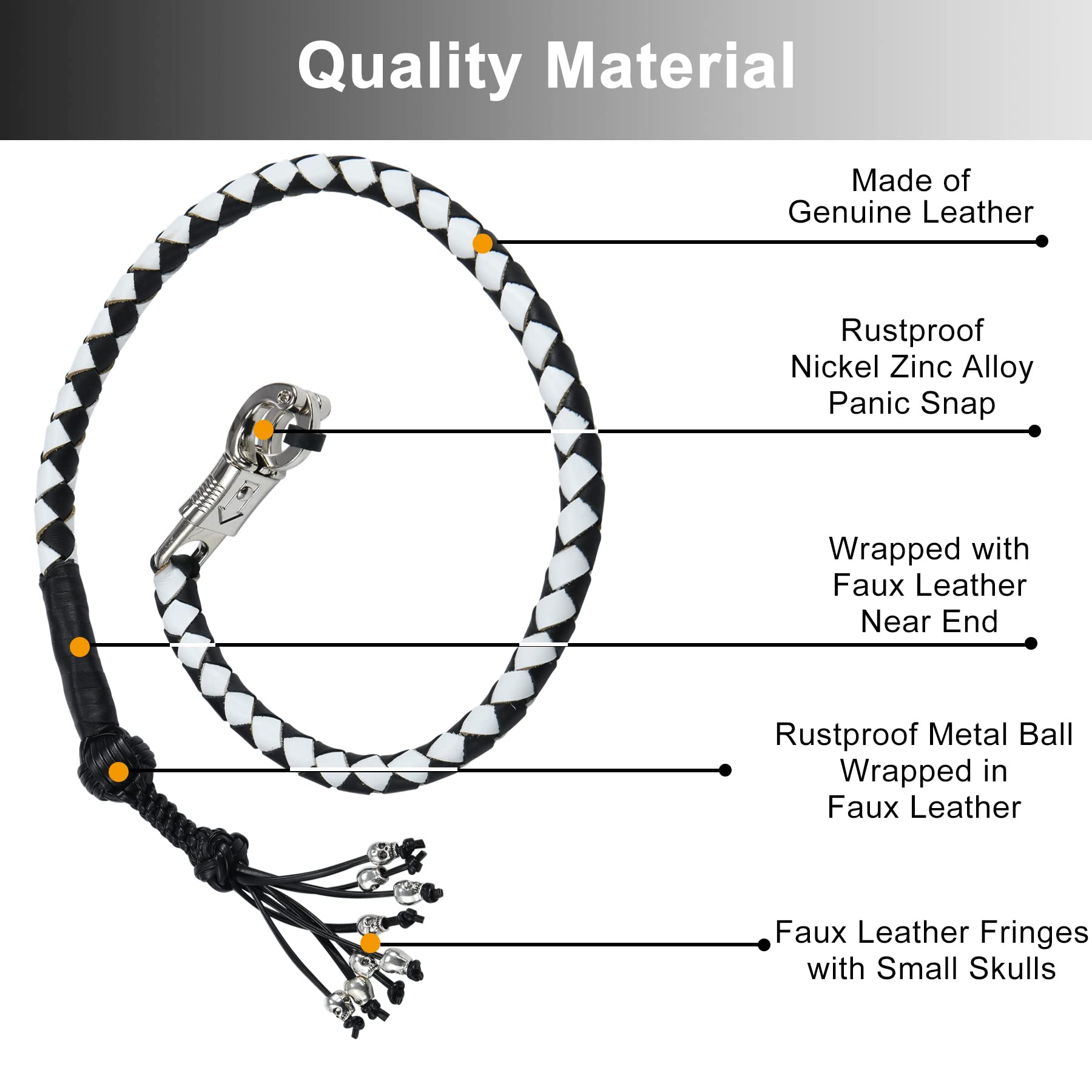 Dream Apparel Frustino da motociclista in vera pelle per manubrio, frusta per moto, con frange e teschi, 106,7 cm, nero e bianco