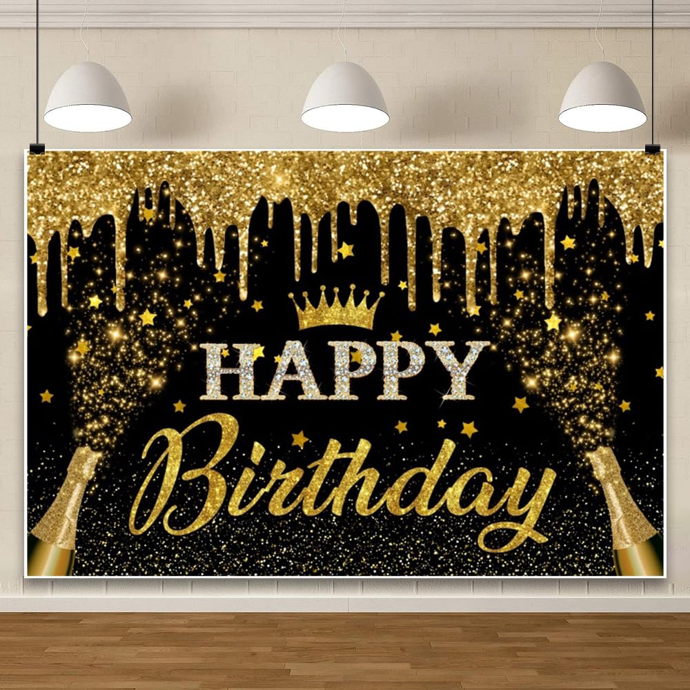 ChloropLastid 10x8ft Black Gold Happy Birthday Backdrop Gold Crown Diamond Champagne Glitter Birthday Photography Background Gold Happy Birthday Theme Party Decor Supplies Photoshoot Booth Props