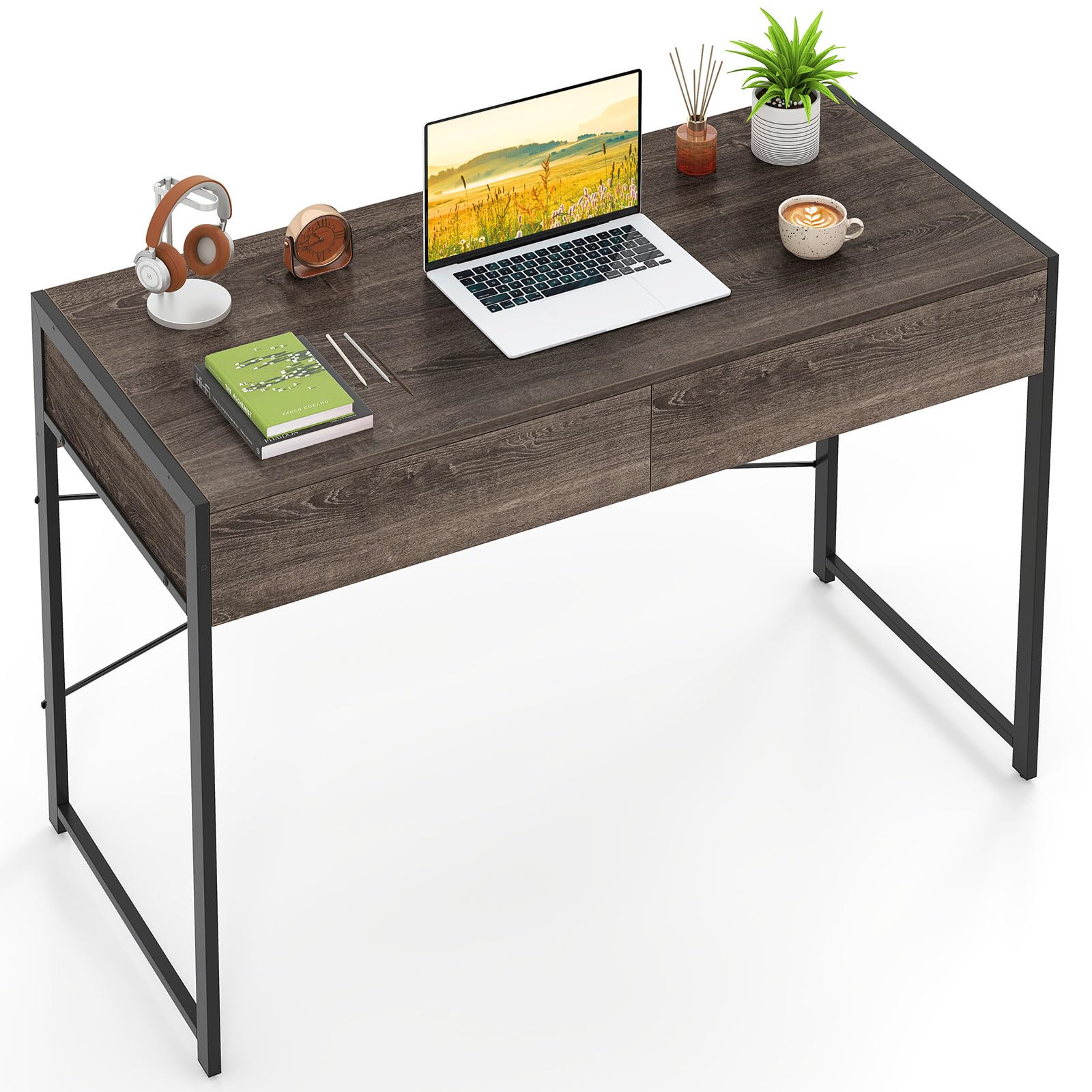 COSTWAY Computer Desk with 2 Drawers, Compact Wooden PC Laptop Table Writing Workstation, Simple Home Office Working Gaming Study Desk (111 x 48 x 76cm, Gray)