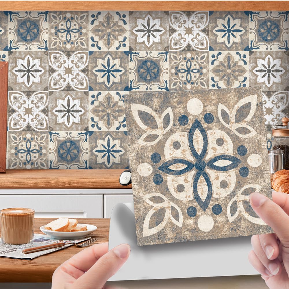 Moroccan Tile Stickers for Kitchen， Tile Stickers Oil Proof Waterproof Self Adhesive Wall Tiles Multiple Sizes(10 Pcs/20x20cm)