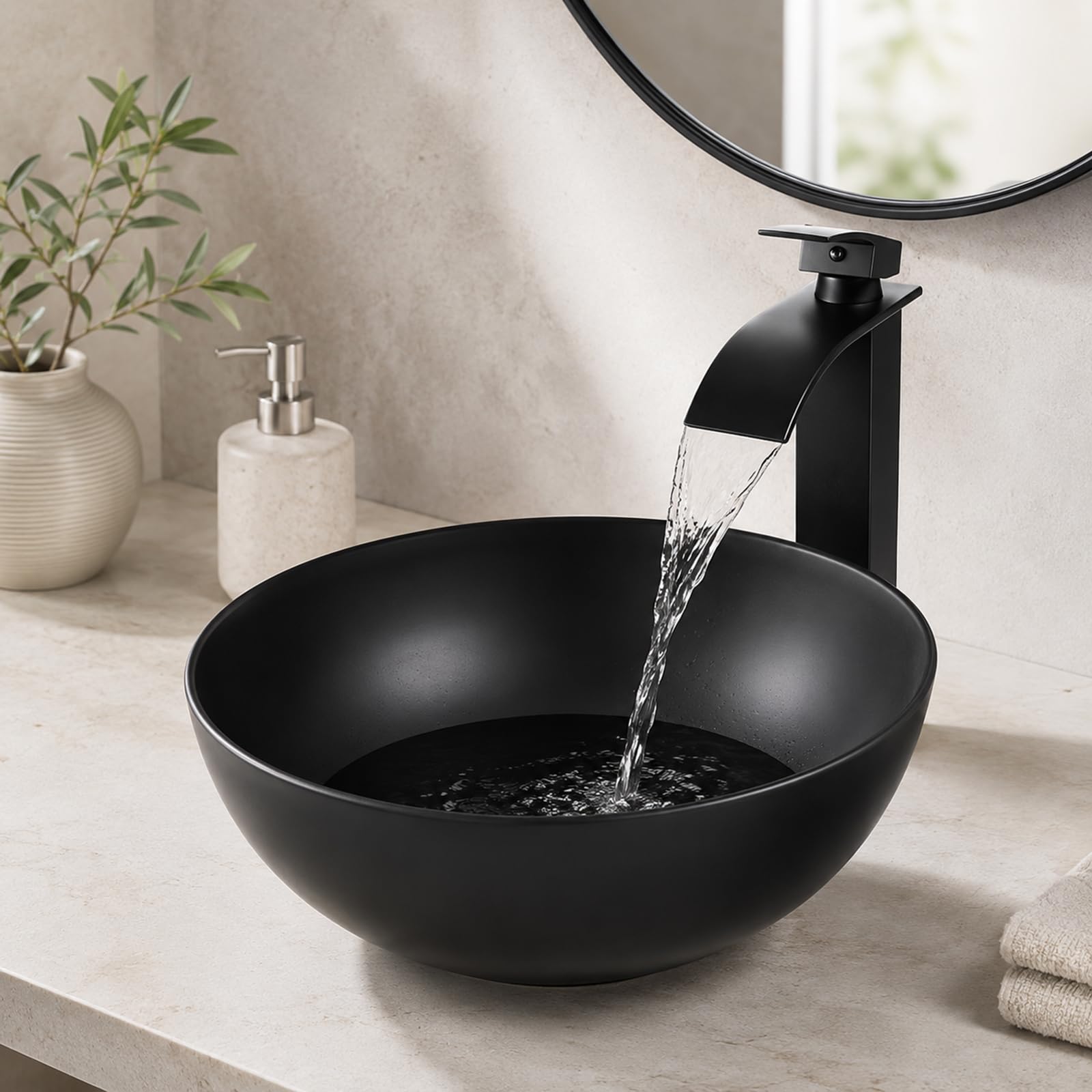 Lavabo de baño redondo negro – Lavabo de encimera de resina de piedra de 13 pulgadas con drenaje emergente, moderno lavabo de baño para el hogar y comercial