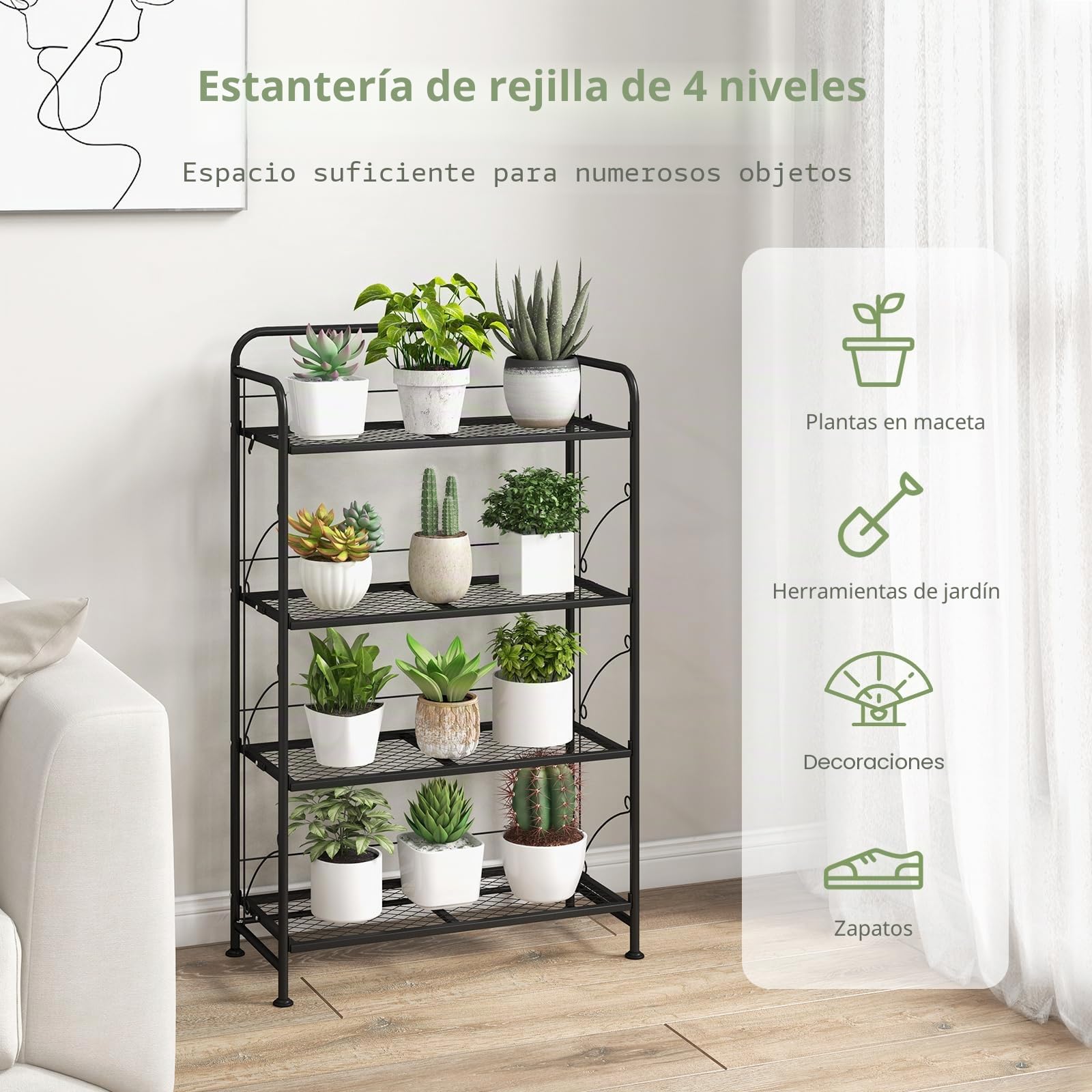 Goplus Soporte para plantas de metal, estantería para plantas de 4 niveles con estante plegable y patas ajustables, estantería para flores, escaleras para balcón, terraza, color negro