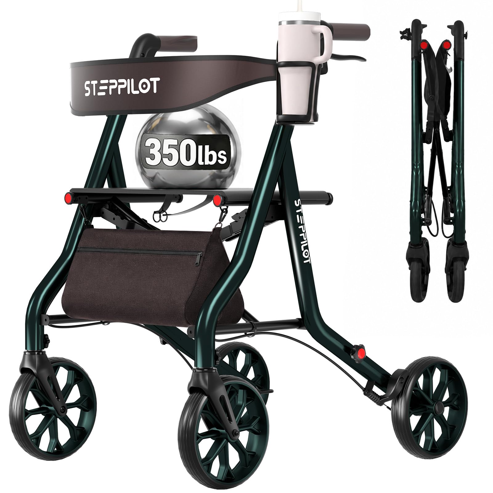 Photo 1 of StepPilot Zero Wobble Rollator Walker with Seat for Seniors, 350lb Capacity, 18" Extra Wide Seat, 8" Wheels & Dual Brake, One-Hand Folds to 9.6", 7-Level Handle Adjustable, Cup Holder & Cane Clip