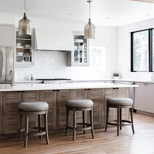 Miniatura 9 de Maven Lane Alexander - Taburete de bar giratorio de 26 pulgadas de alto con acabado de roble recuperado con asiento tapizado de tela gris ceniza