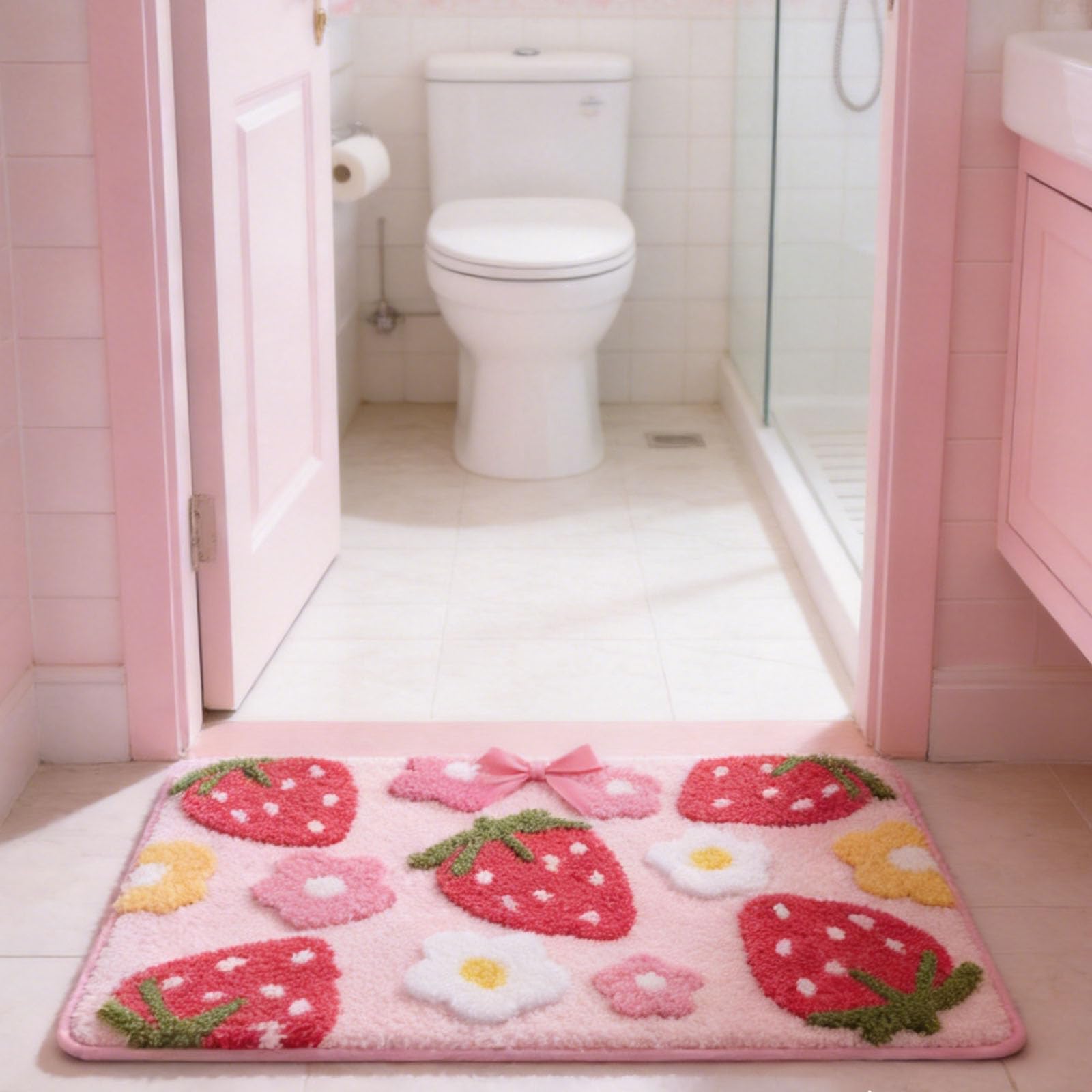 Eyands Strawberry Bath Mat, Non-Slip Cute Bath Mat for Bedroom and Bathroom