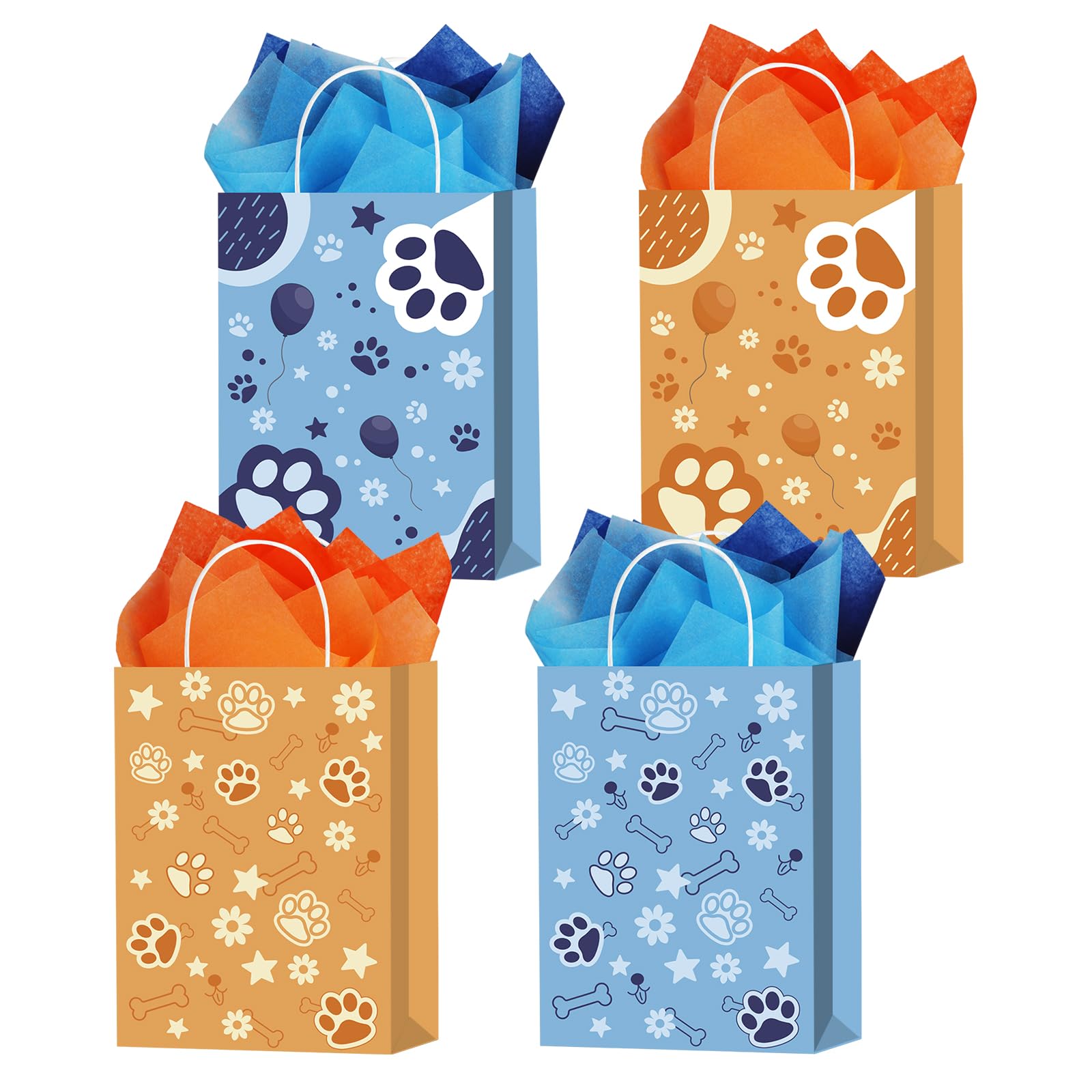 16 Pcs Blue Dog Party Favor Bags with 20 Sheets Tissue Paper, Cartoon Puppy Paw Theme Patterns Gift Bags with Handles, Kraft Goodie Candy Treat Bags