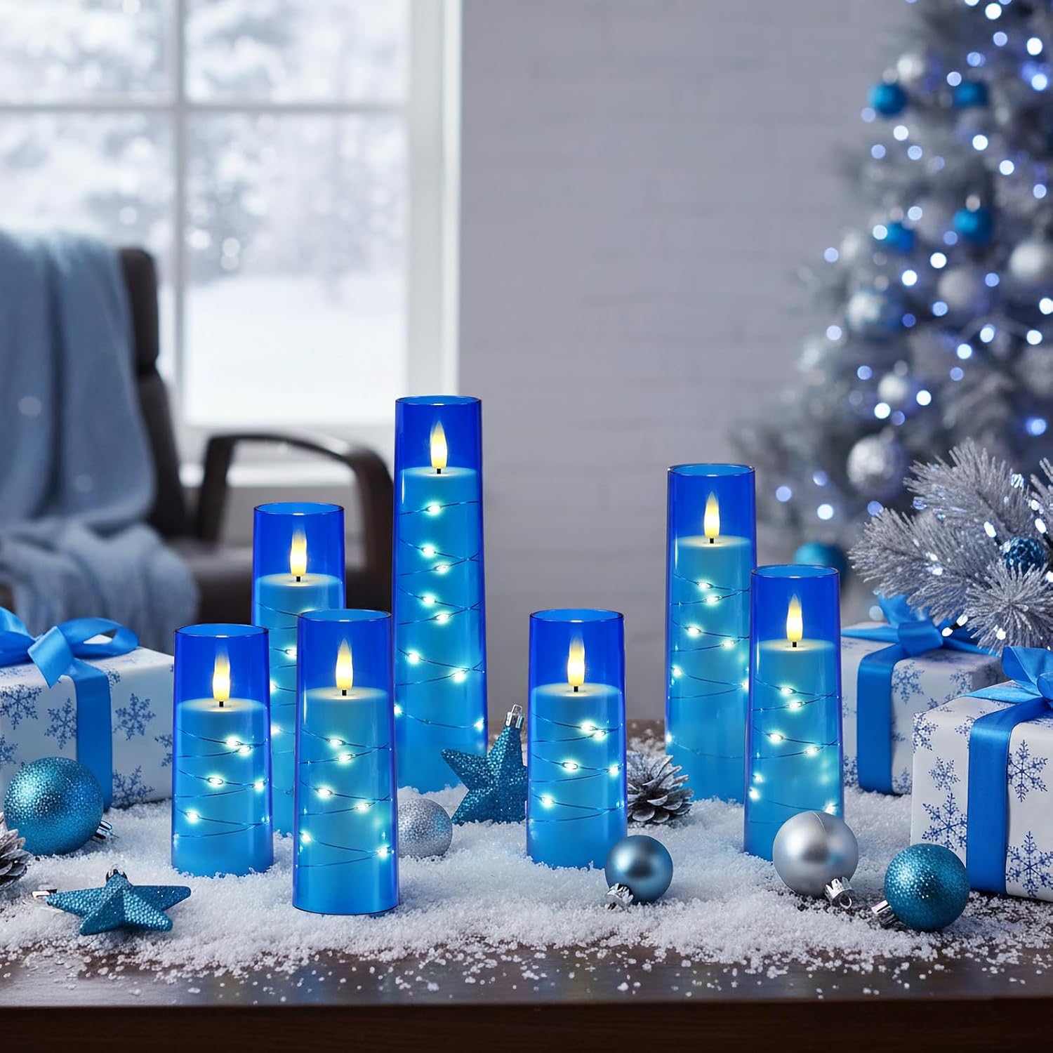 Raycare Flameless Candle with Remote Timer – 5 Flickering Acrylic Battery Operated LED Pillar Candles with Embedded Star String for Christmas, Home Decor, and as a Gift(Blue) 5pcs-Blue