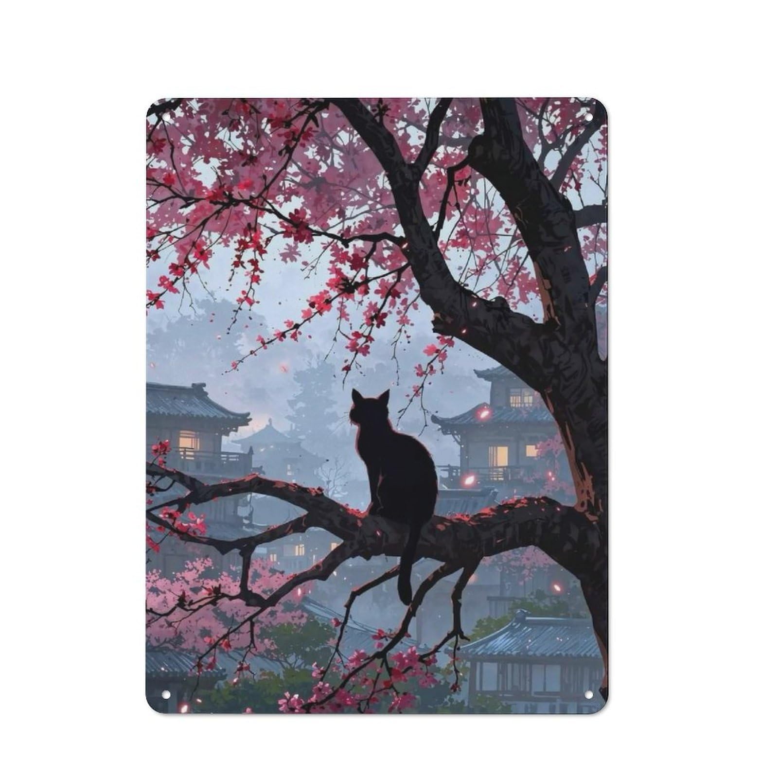Junmoney Style-9 Kitchen Metal Sign With Black Cat In Japanese Cherry Blossoms Design 40X30cm, Cosy Kitchen Wall Decor For Coffee Bar, Kitchen, Bistro Or Tea Corner