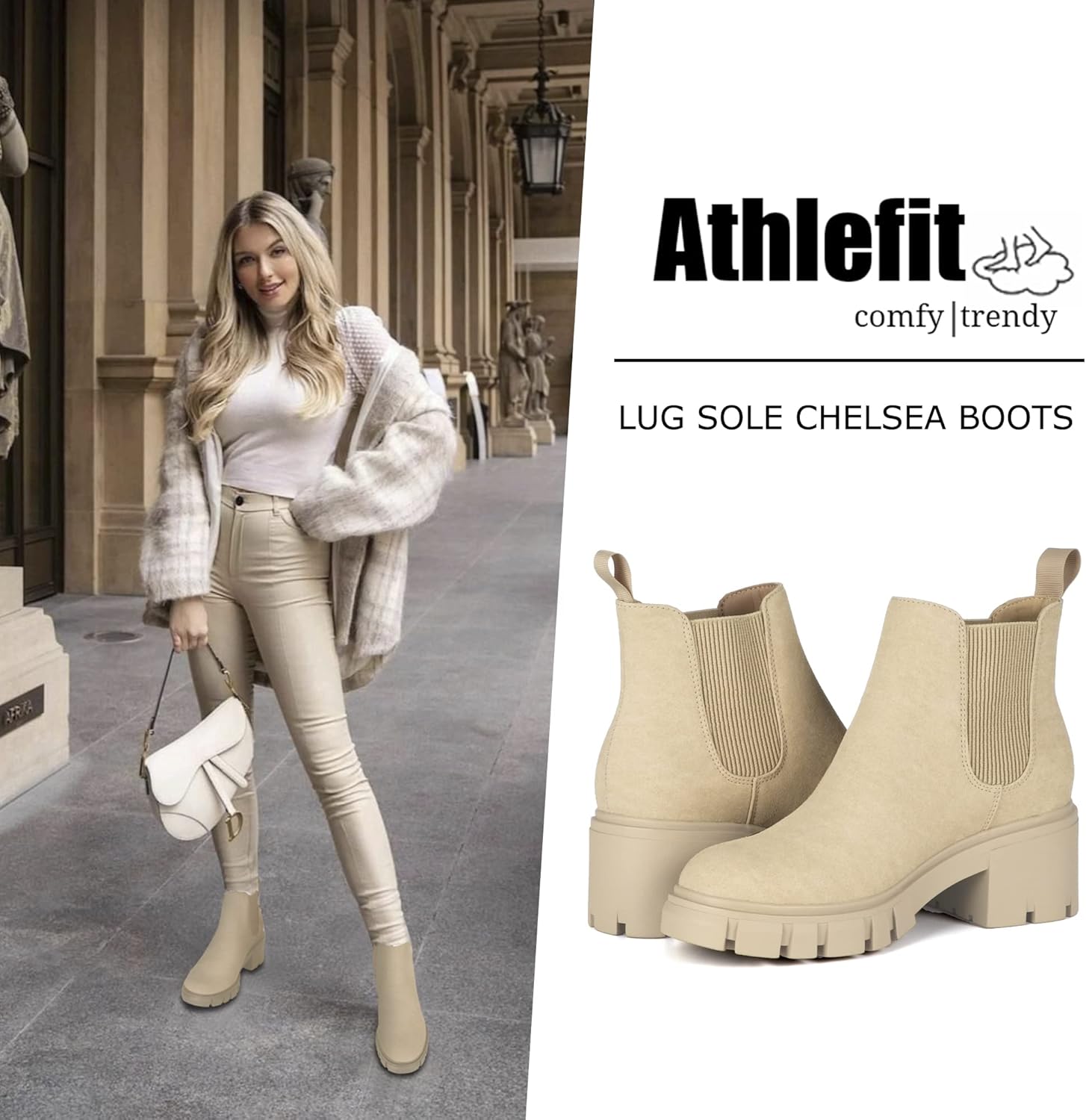 Athlefit Women's Chelsea Boots Fashion Lug Sole Chunky Heel Slip on Elastic Ankle Booties - Image 2