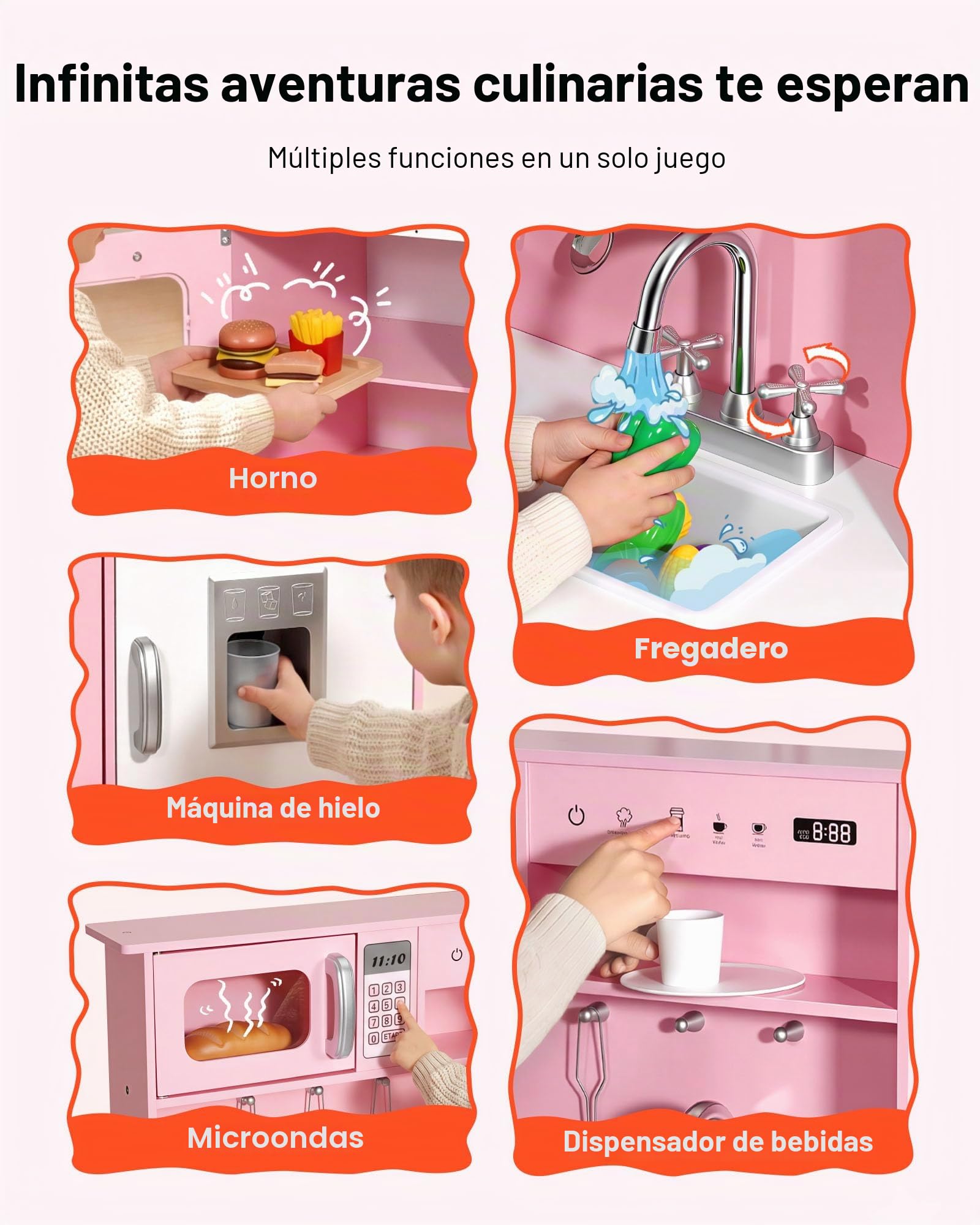 VEVOR Cocina de Juguete para Niños de 3 a 8 Años, Cocinita Infantil de Madera con Luces y Sonidos, Zonas Interactivas, Fregadero, Microondas, Accesorios, Juego de Cocina con Almacenamiento, Color Rosa