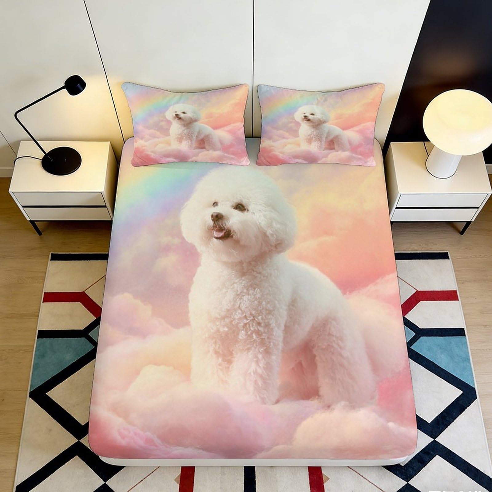 Pnayamiorkfel Style-7 3D Printed White Bichon Rainbow Cloud Fitted Sheet Microfiber Soft Mattress Cover For Bedroom Dorm Bed Decor 90X200x25cm