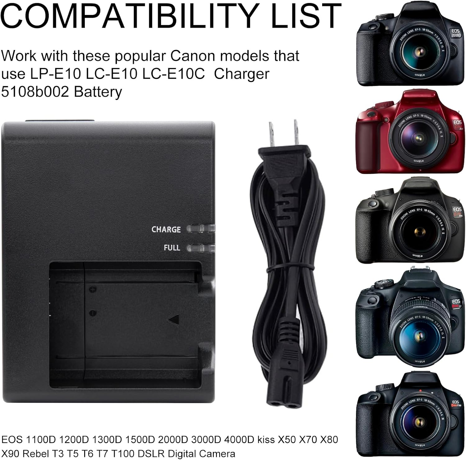 LP-E10 LC-E10 Battery Charger for Canon: Compatible with LC-E10E LC-E10C Charger EOS 1100D 1200D 1300D 1500D 2000D 3000D 4000D kiss X50 X70 X80 X90 Rebel T3 T5 T6 T7 T100 DSLR Digital Camera