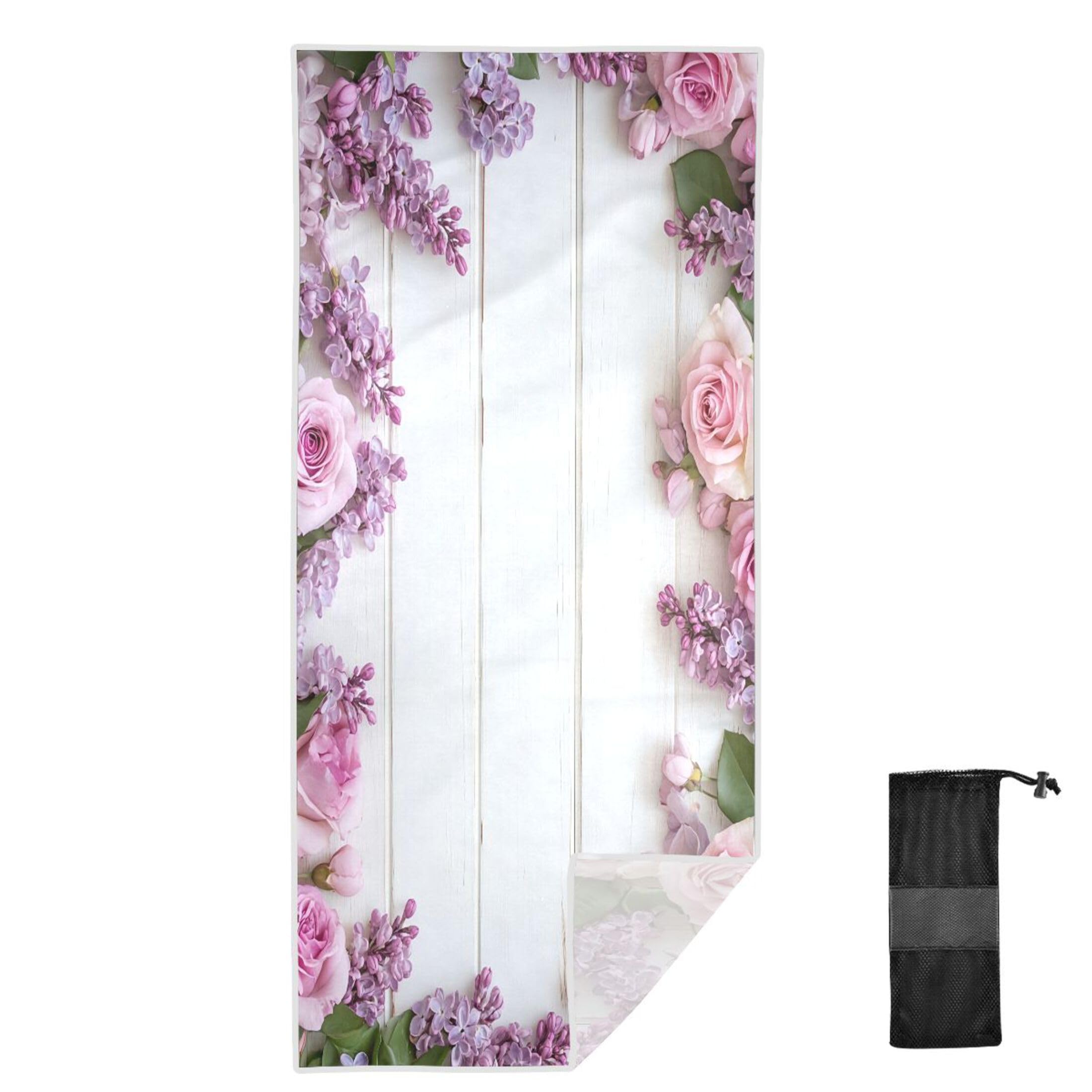 Pink Roses Lilac Flowers on Wooden Beach Towel Oversized High Absorbent Travel Towel, Lightweight Quick Dry Sand Proof Pool Towel for Beach Bath Pool Gym Yoga Camping, 30x60 in