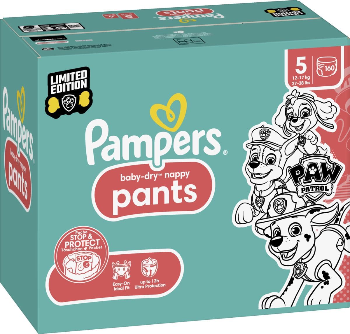 Pampers Baby-Dry Nappy Pants Paw Patrol Edition Size 5, 160 Nappies, 12kg-17kg, with Our 360° Pants Fit to Help Prevent Leaks
