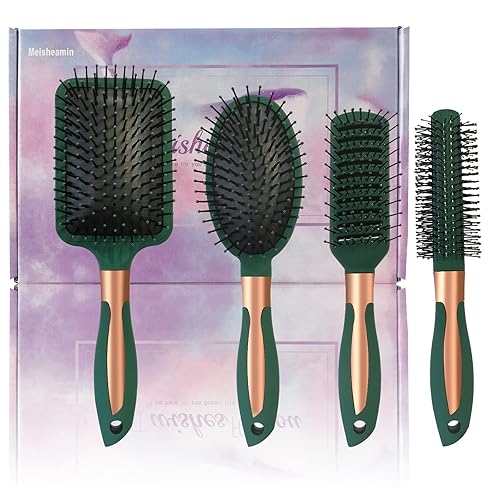Juego de 4 cepillos para el cabello, peine ovalado de masaje antiestático, cepillo desenredante, cepillo redondo de ventilación, cerdas suaves