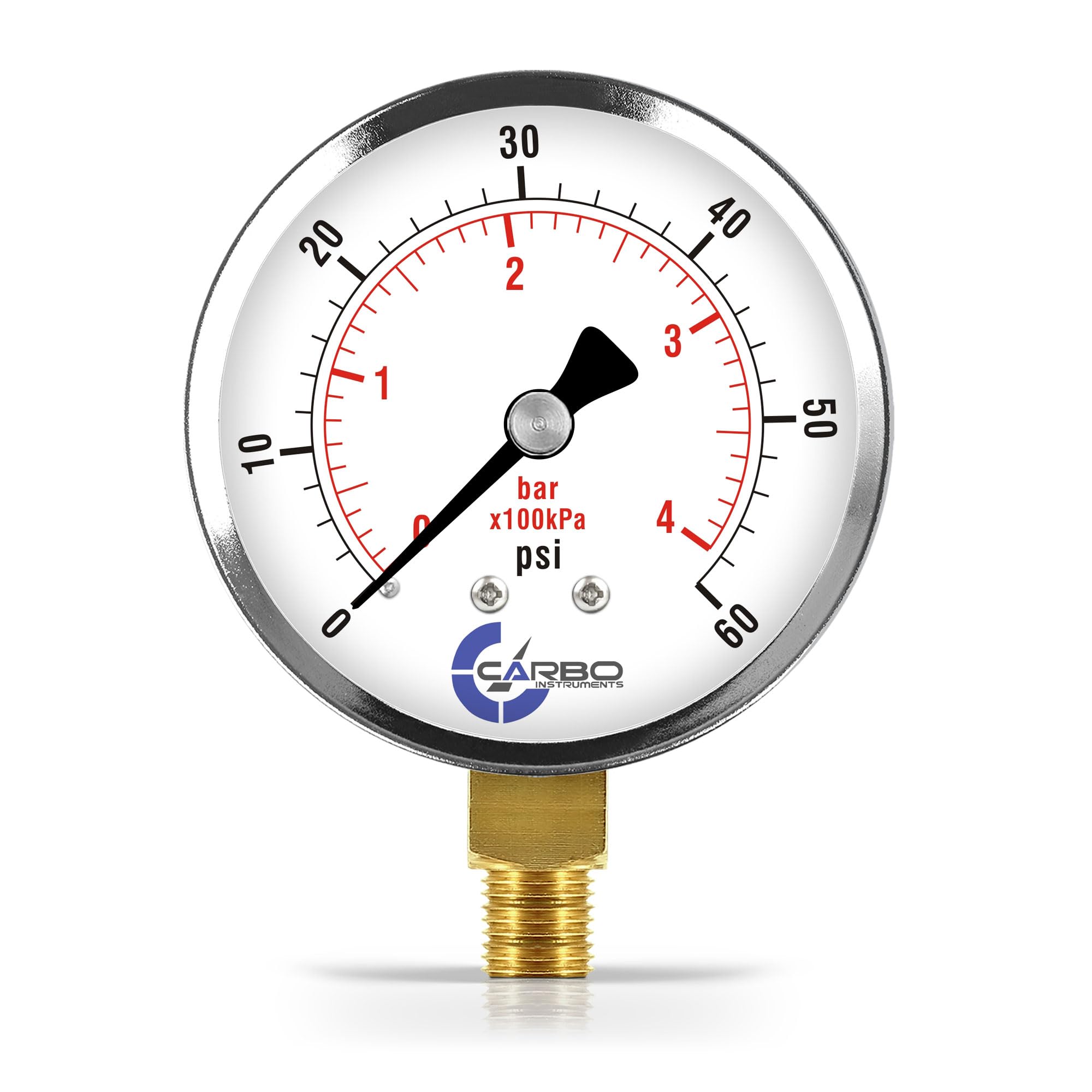Manomètre 6,35 cm, boîtier en acier chromé, sec, 0-60 psi/kPa, montage inférieur 6,35 mm NPT