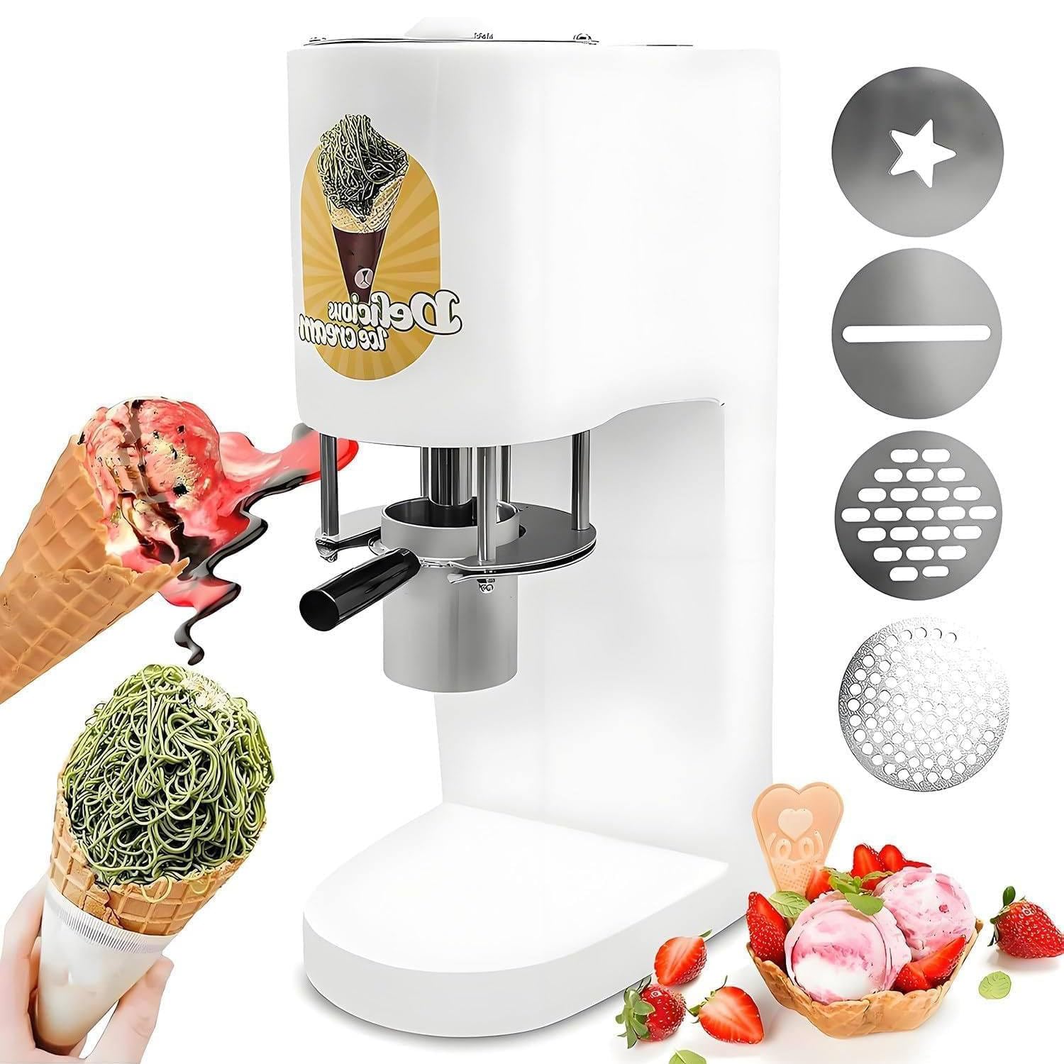 Macchina professionale per gelato a spaghetti, gelatiera professionale in acciaio inox da 80 W con 4 stampi per pasta, macchina per dessert versatile 4 in 1, pressa per gelato a spaghetti White