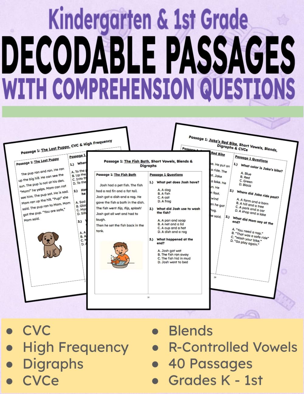40 Decodable Reading Passages with Comprehension Questions for Kindergarten and 1st Grade Phonics Practice: Phonics-Based Reading Practice for Fluency, Intervention, and Progress Monitoring