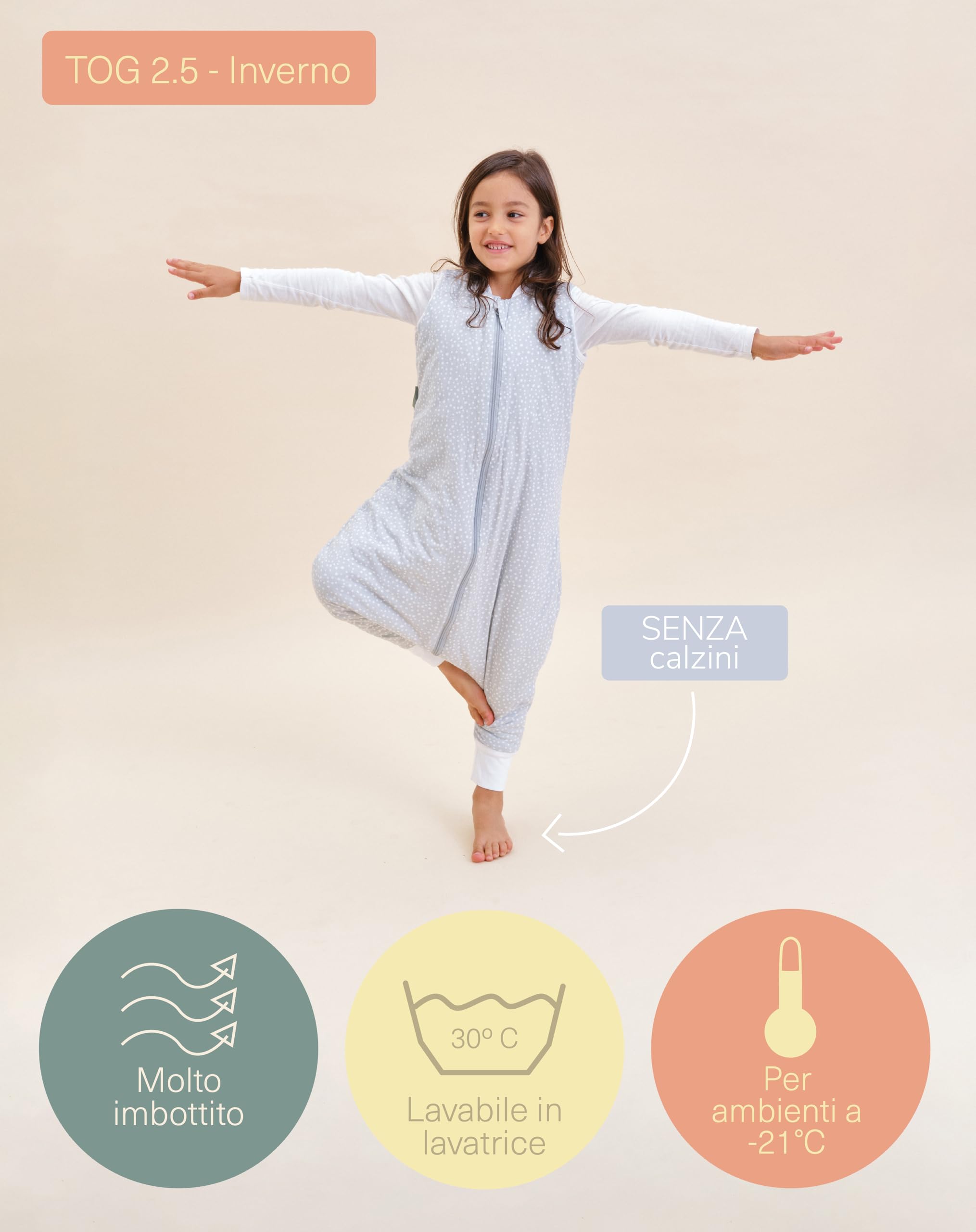 molis&co - Sacco Nanna con piedini - Sacco nanna invernale per Bambini - Sacchi Nanna 2.5 tog con piedini - 100% Cotone (Oeko-TEX 100) - Grey Print (1 anni)