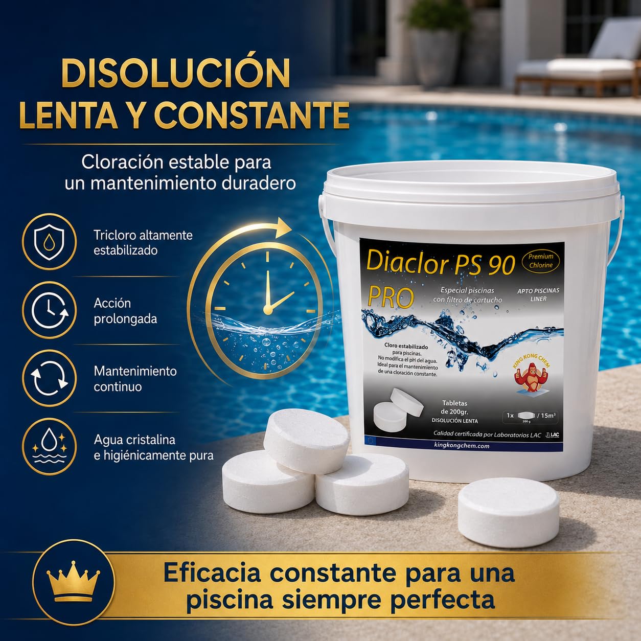 Pastillas de tricloro Puro para Piscinas de Liner/Poliester - DIACLOR PS 90 Pro 5 KG - Envasado Individual - 25 Pastillas Grandes de Cloro Lento (200 gr- 7,5 cm Diámetro)