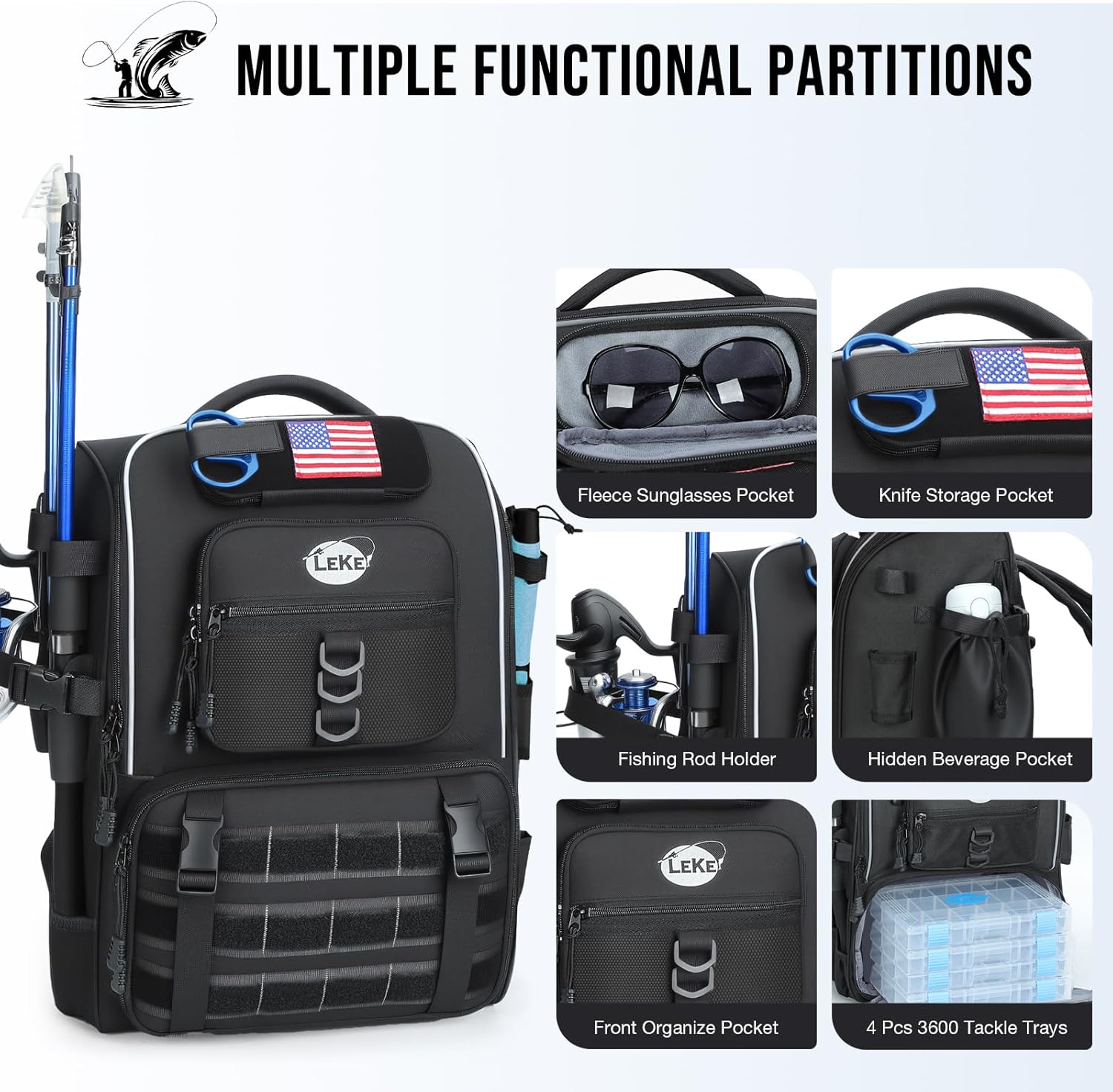 Lekesky Fishing Backpack with 4 Tackle Boxes, 40L Tackle Bag with Rod Holders, Tactical Storage Gear for Men, Black