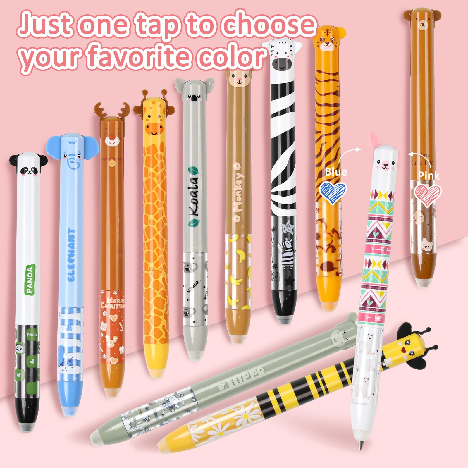 Set di 12 penne gel cancellabili con motivo testa di animale, penne cancellabili bicolore da 0,7 mm, cancellabili per scuola, ufficio, studenti, cancellabili con gomma