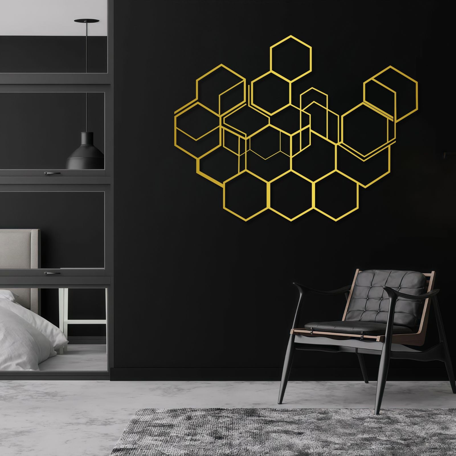 Geometryczny sześciokąt metalowa sztuka ścienna, nowoczesna minimalistyczna abstrakcyjna dekoracja do salonu, sypialni, biura