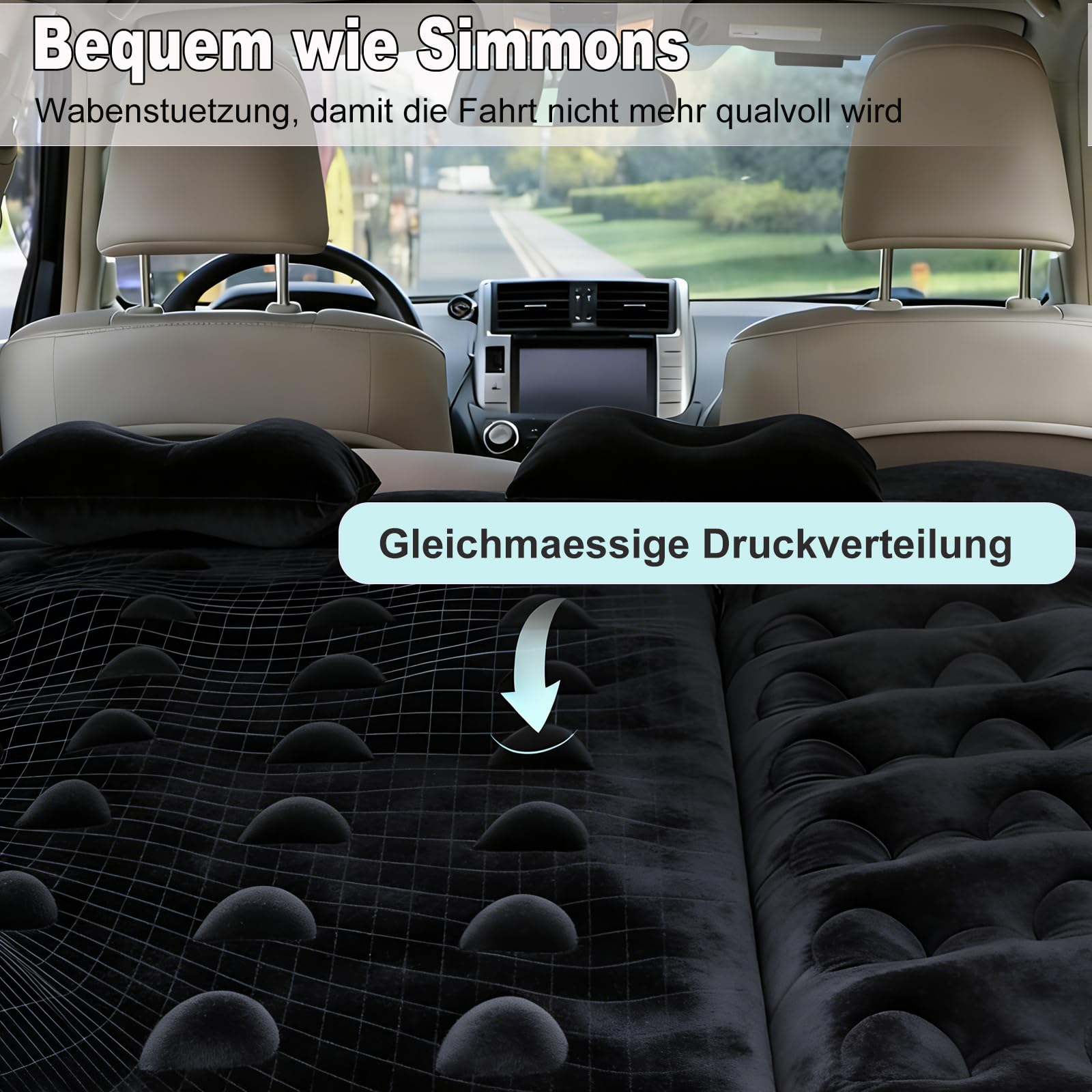 Materasso ad aria per SUV, materasso gonfiabile per sedile posteriore del camion, materasso ad aria pieghevole con superficie floccata, letto ad aria portatile per tenda da (Black)