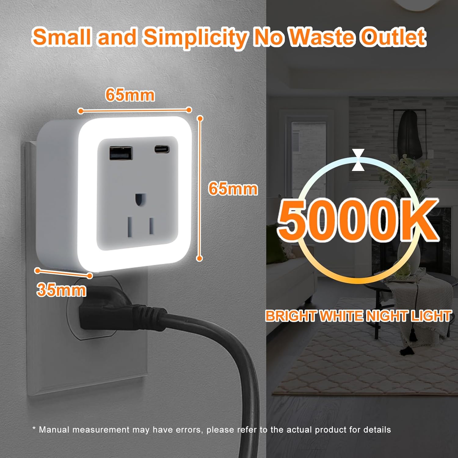 Night Lights Plug Into Wall 2 Pack Rechargeable Battery Backup Light Dusk to Dawn Sensor Night Light with Outlet Expander for Adults Kids Bedroom, Kitchen, and Bathroom (2, cool white, 5000K)