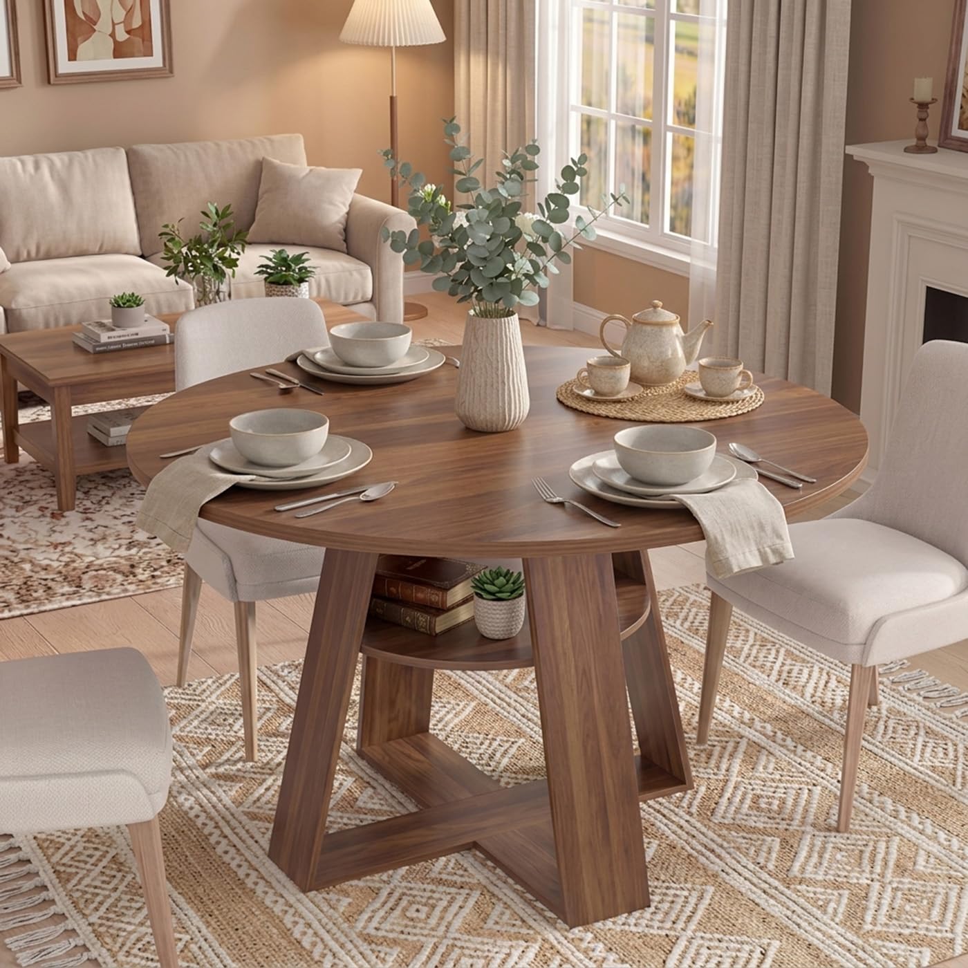 Esstisch Rund Ausziehbar, 100-140cm Moderner Küchentisch Holz, Esszimmertisch Oval für 4-6 Personen, Wohnzimmertisch mit Offenen Ablagen für Küche, Esszimmer und Wohnzimmer