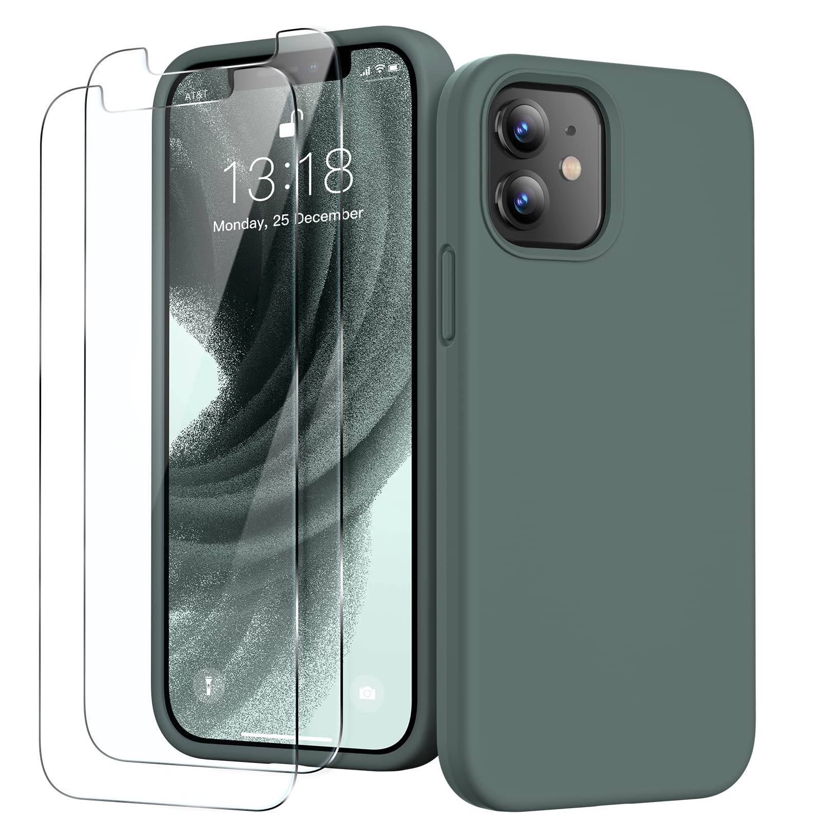 GOODVISH 3 in 1 Cover iPhone 12 Mini Silicone, con 2 Pezzi di Pellicola Protettiva, iPhone 12 Mini Custodia per Cellulare 5,4" con Morbida Microfibra Antiurto, Verde Pino