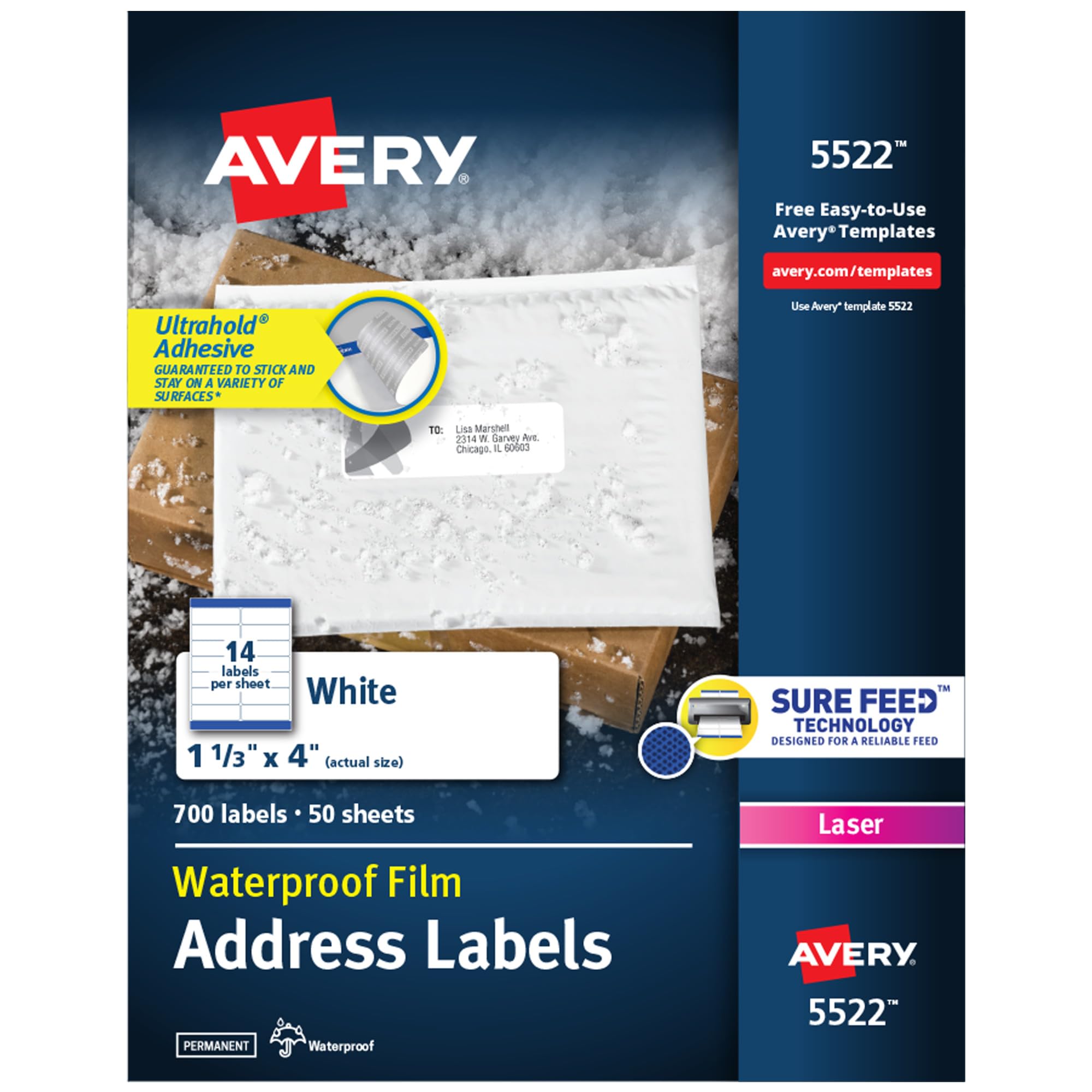 Avery Ultrahold Kalıcı Yapışkanlı Su Geçirmez Etiketler, 1-1/3" x 4", Lazer Yazıcılar için 700 Etiket (5522)
