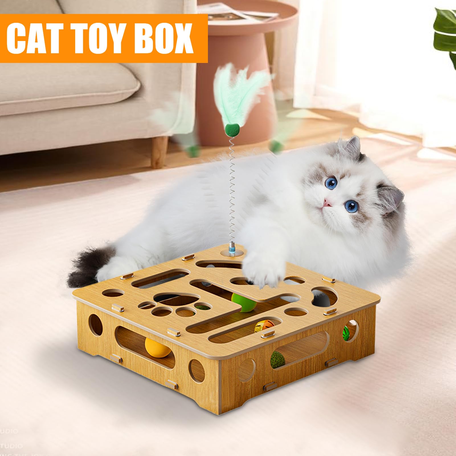 Juguete de rompecabezas para gatos, juguetes interactivos, caja de madera con plumas y bolas, para gatos de interior