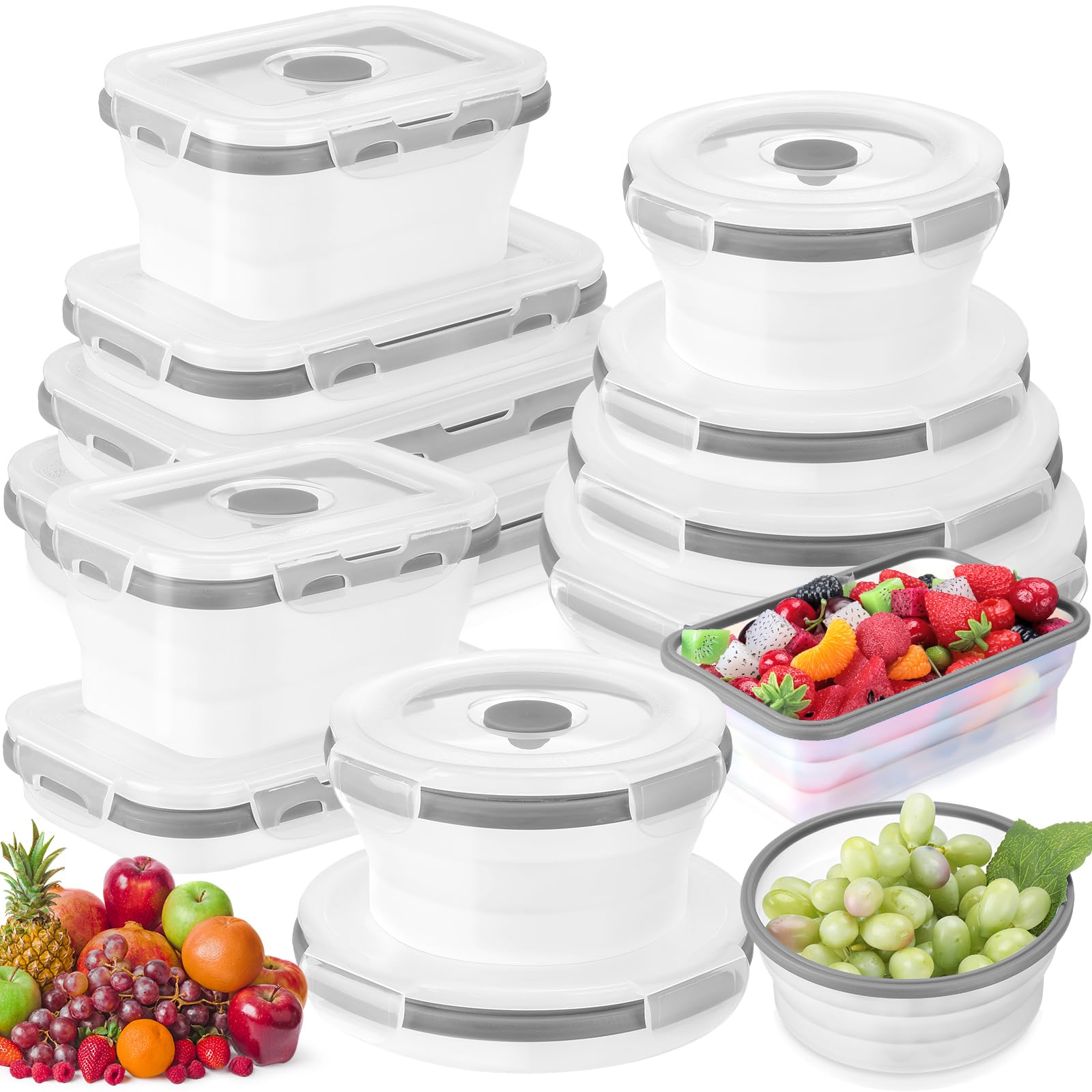 Dandat 12 recipientes plegables de silicona para almacenamiento de alimentos, recipientes plegables de silicona para almuerzo, 6 rectangulares y 6 redondos, herméticos, plegables con tapa, juego para