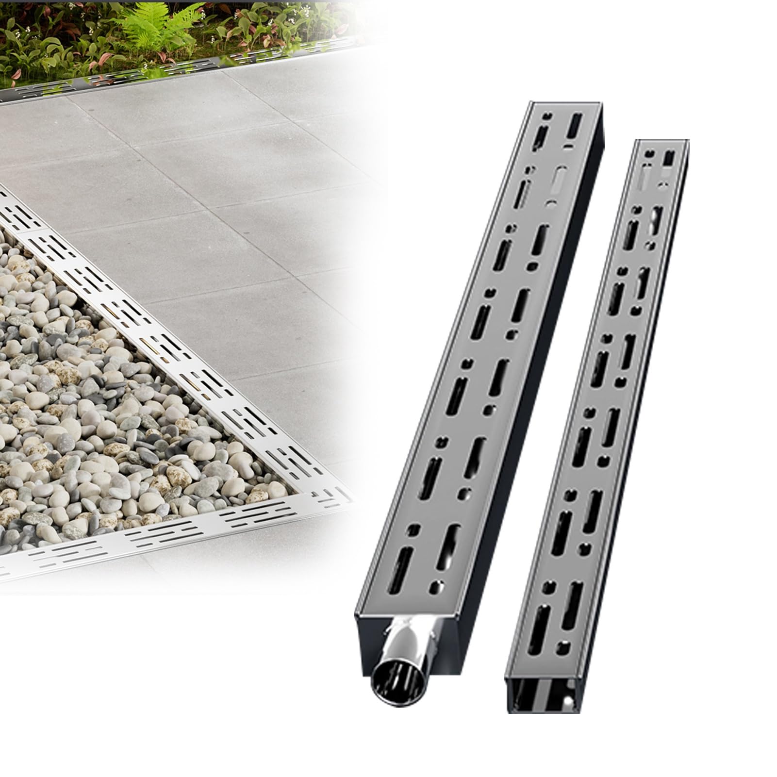 WQPMNYG 304 Stainless Steel Trench Drain System - Heavy-Duty Linear Drainage Channel with Anti-Slip Grate, Weatherproof for Driveway, Pool Decks, and Industrial Use (1.5m/4.9ft, 10x5cm/4x2in)