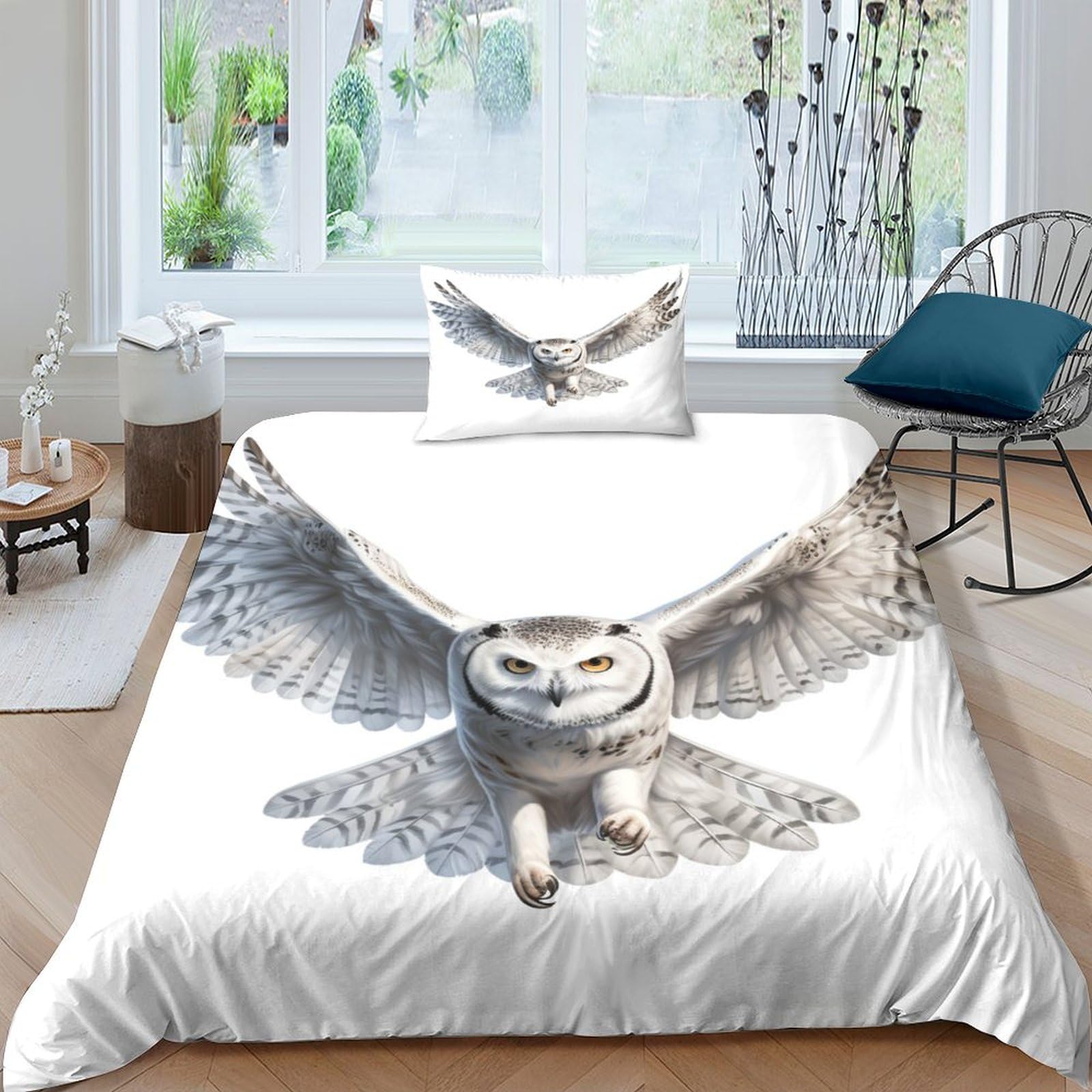 Housse de couette hibou blanc pour chambre d'enfant et adolescent