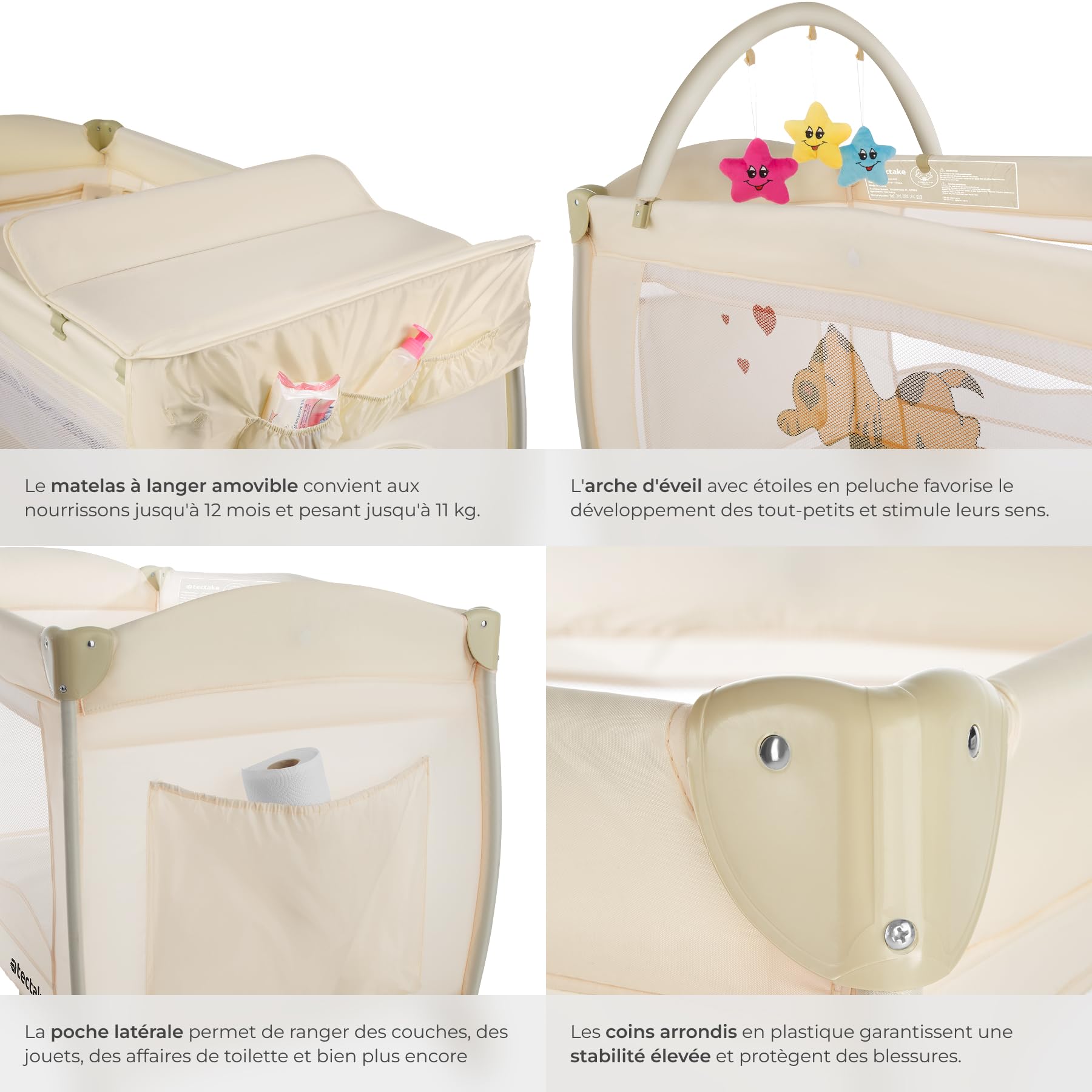 tectake® Lit Parapluie avec matelas Pliable Lit Bébé voyage léger réglable sur roulettes avec Accessoires bébé & Sac de Transport, Mobilier enfant idéal pour Maison ou Voyage Equipement bebe Parc bebe