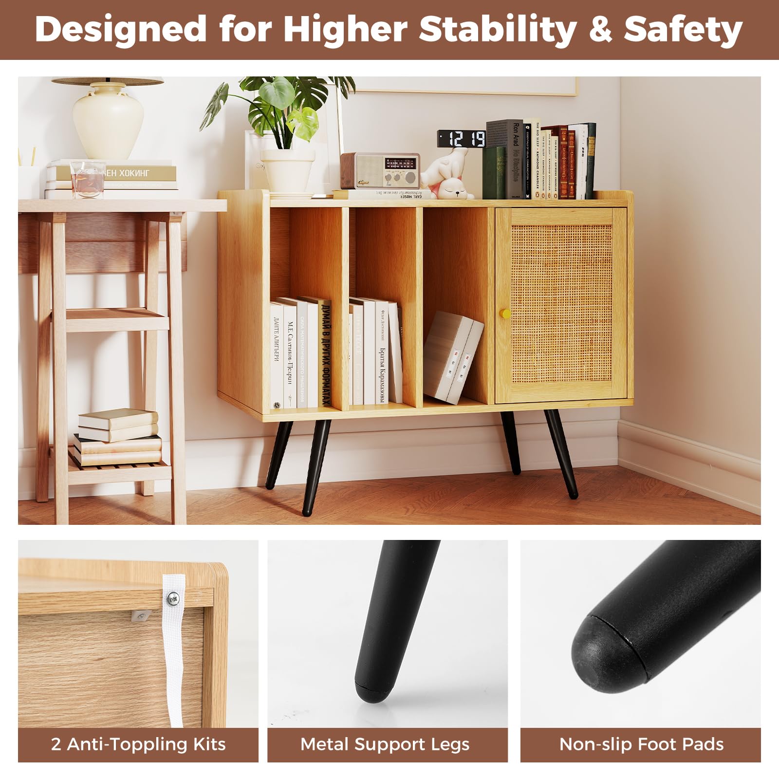 KOMFOTTEU Soporte para Tocadiscos con Estación de Carga, Mueble para Discos de Vinilo con 3 Estantes Abiertos y Armario con Puerta de Ratán, Mesa Auxiliar para Álbumes con Estante Ajustable (Natural)