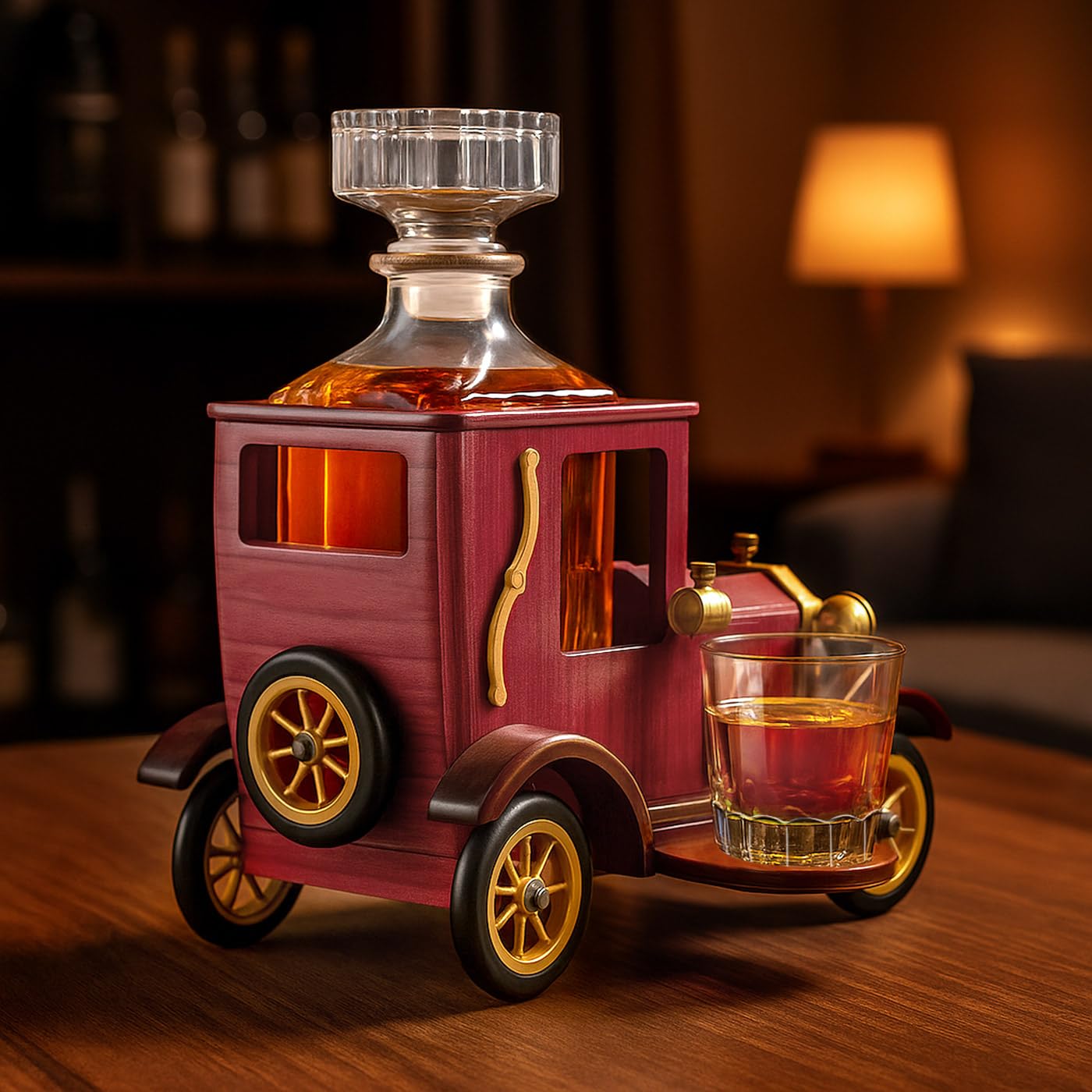 Maverton Caraffa in Auto di Legno - 2 Bicchieri Personalizzabili - Set Regalo Uomo Compleanno - Decanter 900ml e 2 Bicchieri Whisky 75 ml su Supporto - Idee Regali Uomo