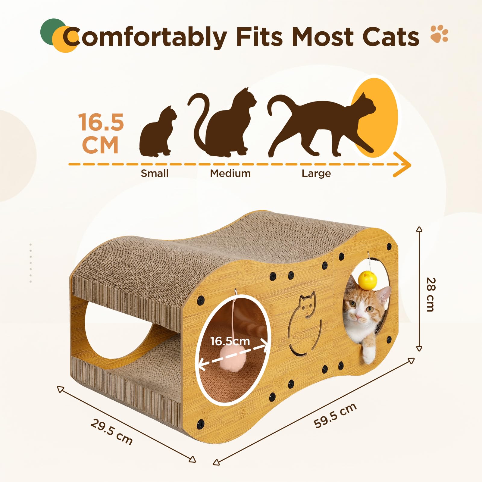 Gimars Rascador para Gatos 3 en 1 con Túnel, Rascador de Cartón para Gatos con Pelotas, Protección de Muebles, Estilo Madera, Natural