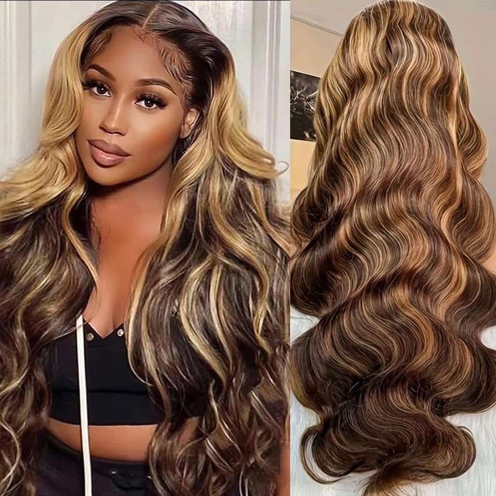 30 Inch Ombre Lace Front Wig Human Hair Pre Plucked 13x4 HD Body Wave Lace Front Wigs Human Hair 4/27 Colored Lace Frontal Wigs 200 Density Highlight Wig Wig