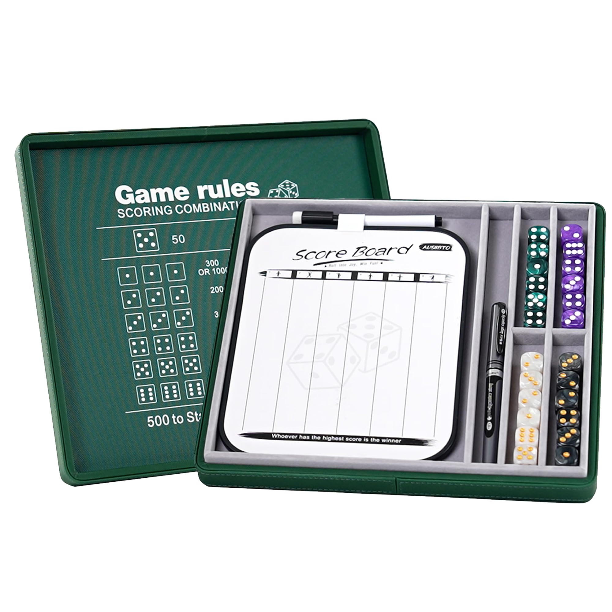 AUSIIBTO Dice Tray and Storage Case for Farkle Game - Includes Embedded Scoring Combinations, 4 Sets of 6 Pearl Dice, 50 Sheet Score Pad and Pen