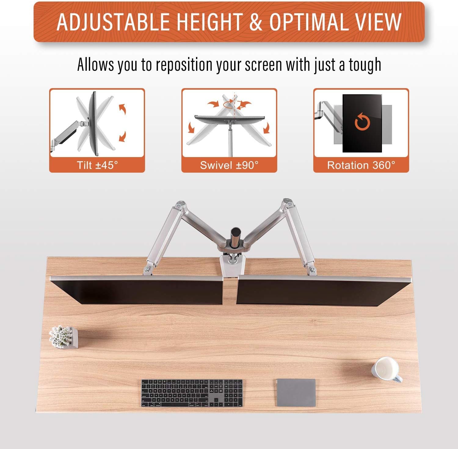 Image illustrating the adjustable features of the monitor arm: Tilt ±45°, Swivel ±90°, and Rotation 360°.