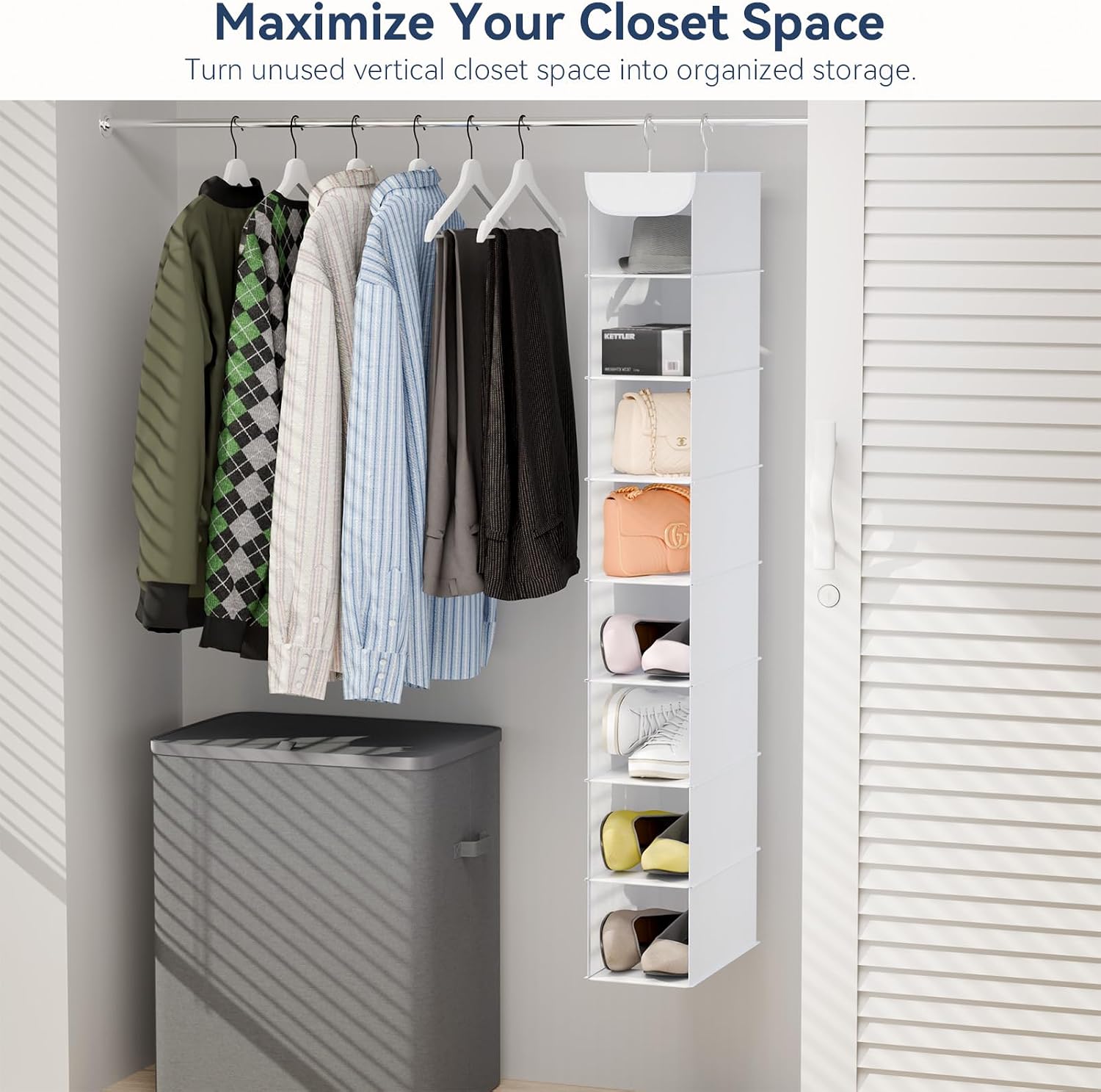 Whitmor Hanging Shoe Organizer, 8 Shelves-Hanging Closet Organizer, Hanging Shoe Rack for Small Closet, Hanging Shelves for Storage Shoes Clothes 11.5" D x 5.5" W x 41" H, White