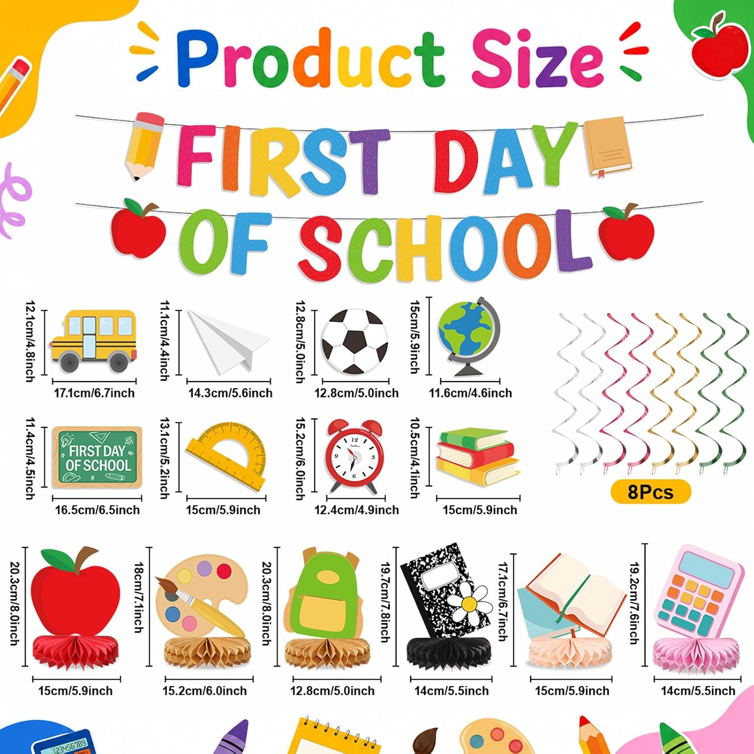 Colorful First Day of School Banner Back to School Party Supply Apple Pencil Bus Hanging Swirls First Day of School Honeycomb Centerpieces for Home Classroom Office Teacher Must Haves Classroom Decor image 3