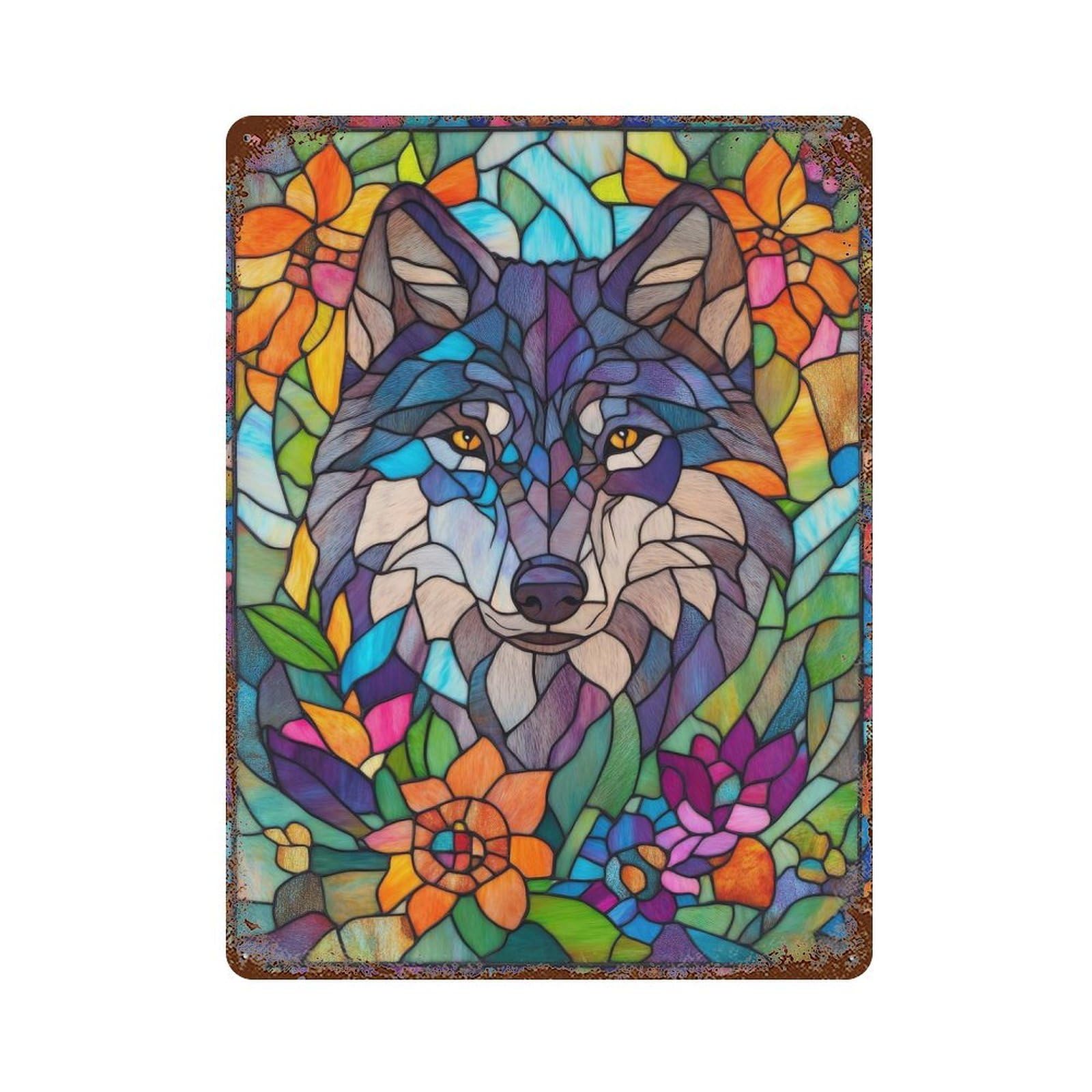 Rust Effect Wolf Stained Glass Rusty Metal Tin Sign 15.7"x11.8", Rustic Home Decor for Living Room, Hallway And Home Decor