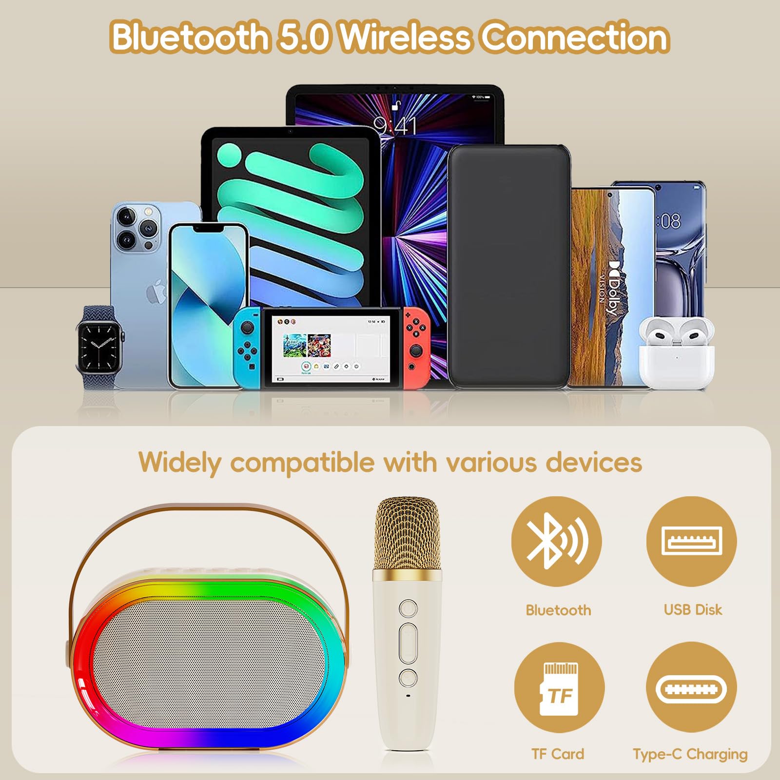 Mini macchina per karaoke HWWR per bambini e adulti, altoparlante Bluetooth portatile con 2 microfoni, supporto per ingresso TF/AUX e 4 divertenti effetti di cambio voce.