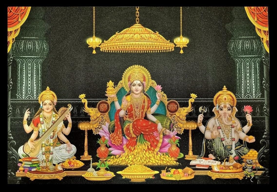 Lakshmi Saraswati Ganesh Sparkle Print Wall Sticker Poster Without Frame (20 X 28 Inches)